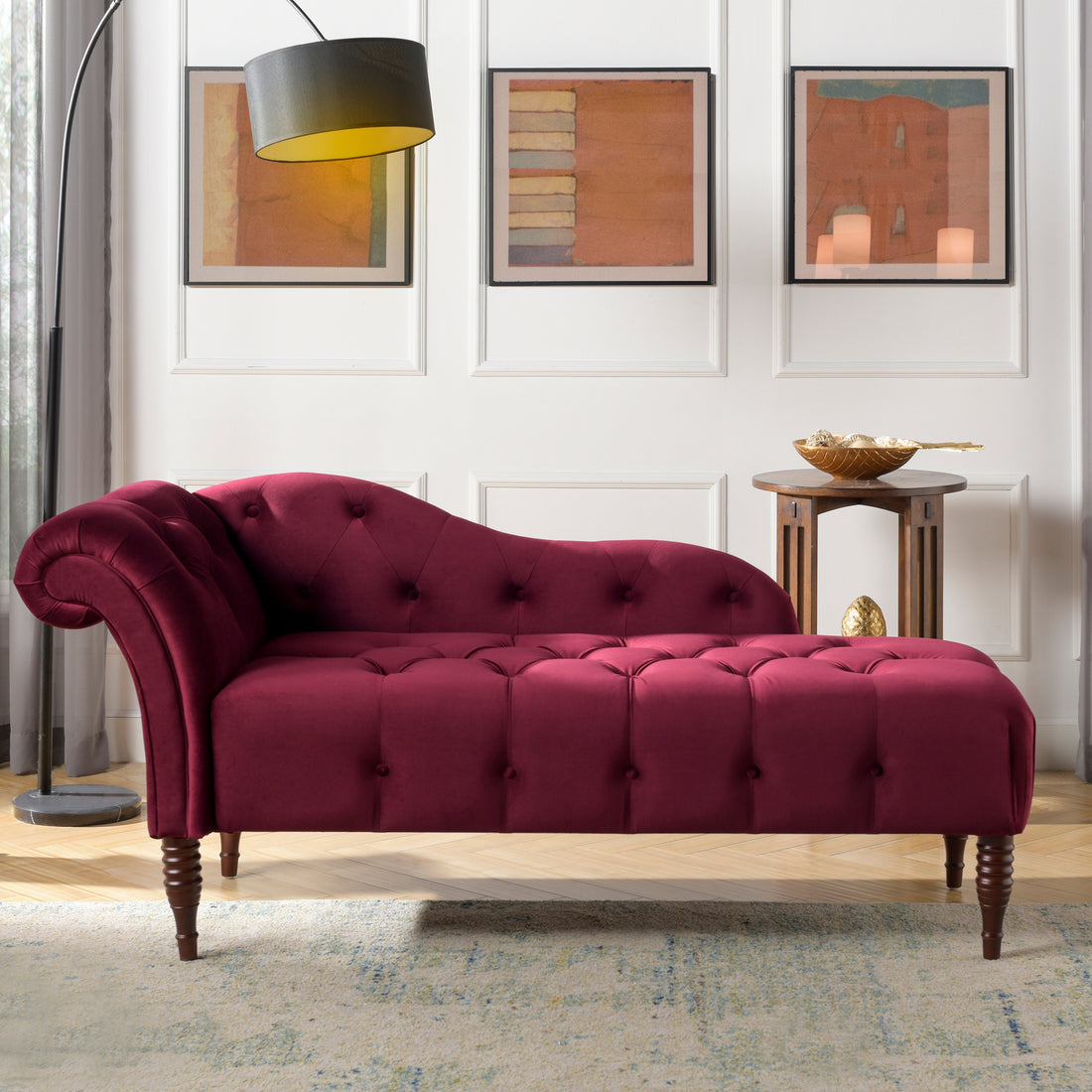 Samuel Tufted Roll Arm Chaise Lounge, Burdy Velvet Burgundy Foam Velvet