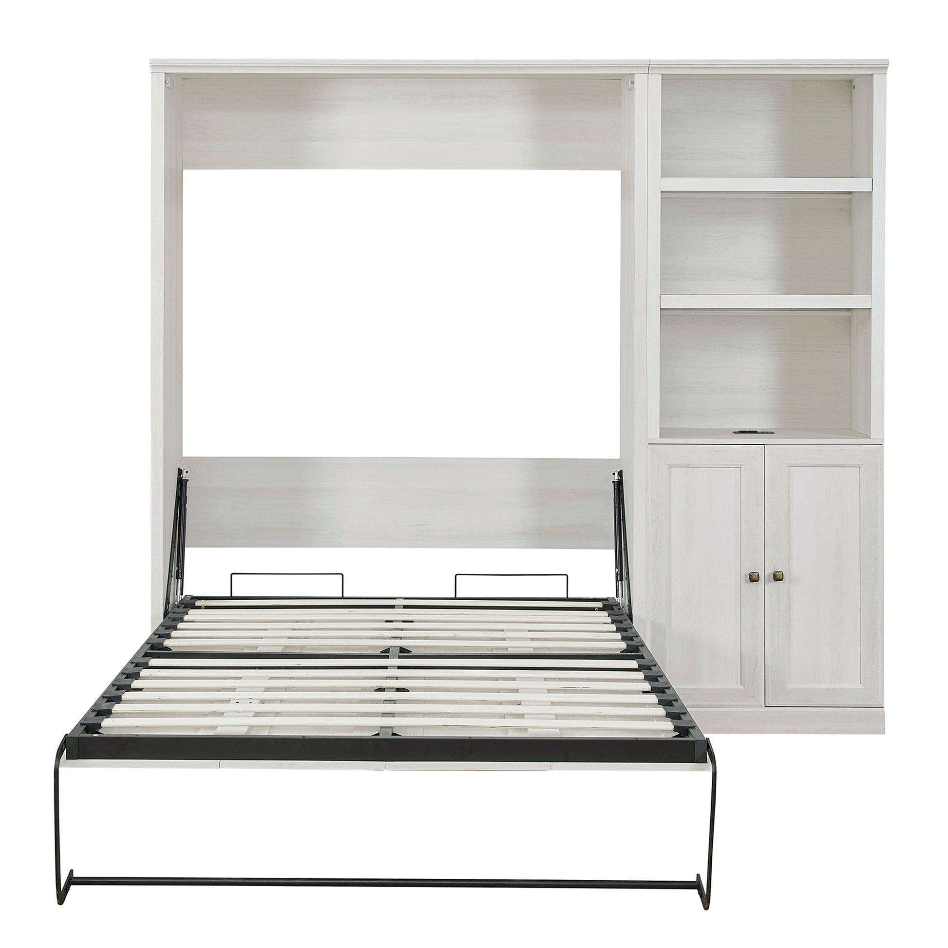 Full Size Half Self Close And Open Murphy Bed With 1 Side Cabinet Storage Shelf, Cabinet Space Saving Bed Perfect For Guest Room, Bed Room, Guest Room, Home Office, Rustic White Box Spring Not Required Full Rustic White Wood White Pine Murphy Solid Wood