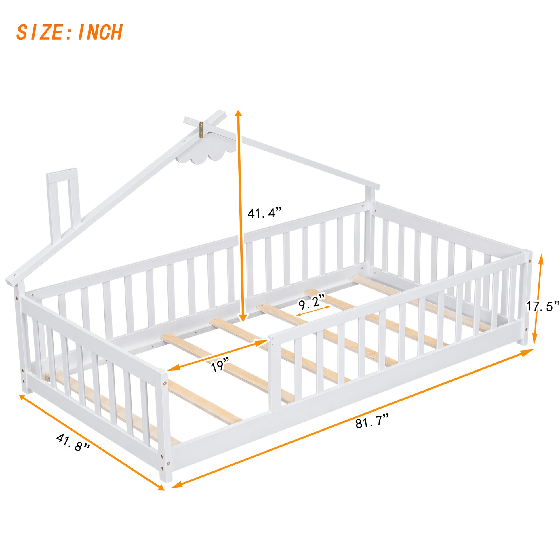 Twin House Shaped Bedside Floor Bed With Guardrails, Slats, Without Door,White Twin White American Design Pine