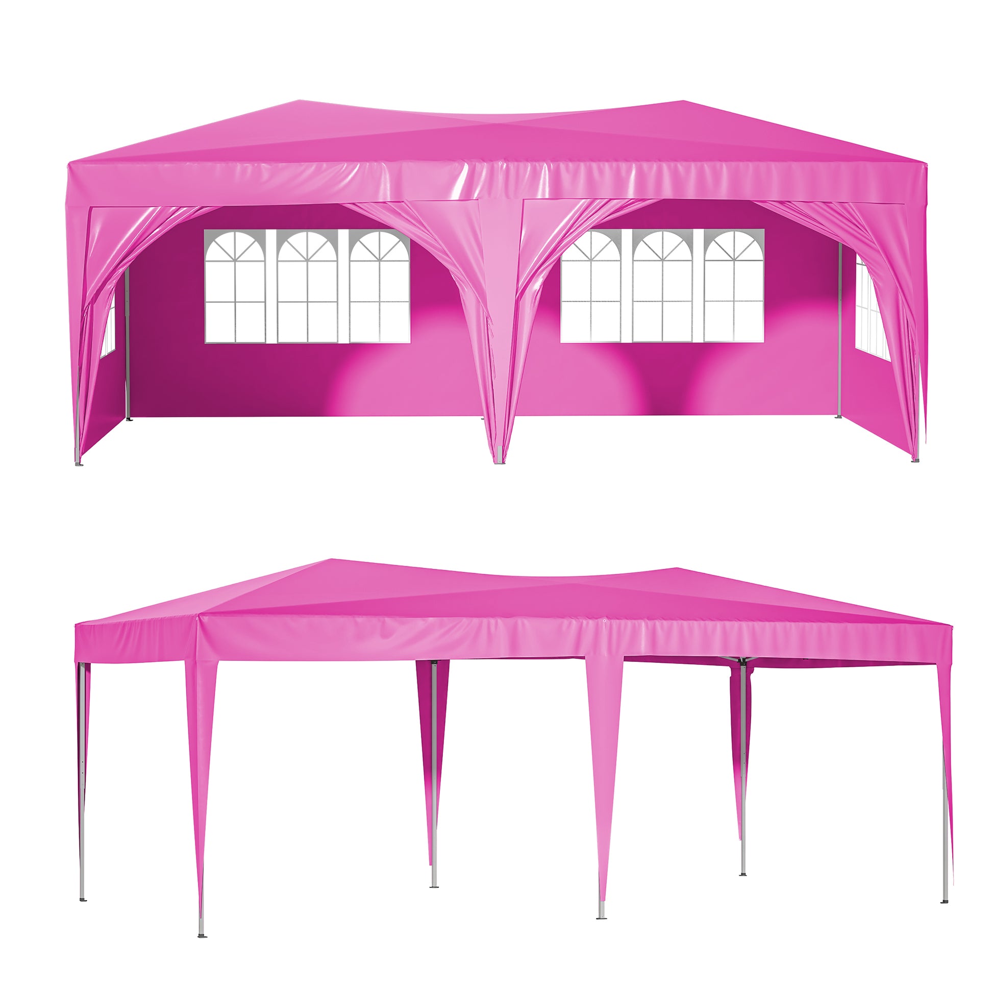 10'X20' Pop Up Canopy Tent With 6 Sidewalls, Ez Pop Up Outdoor Canopy For Parties, Waterproof Commercial Tent With 3 Adjustable Heights, Carry Bag, 6 Sand Bags, 6 Ropes And 12 Stakes, Pink Pink Metal