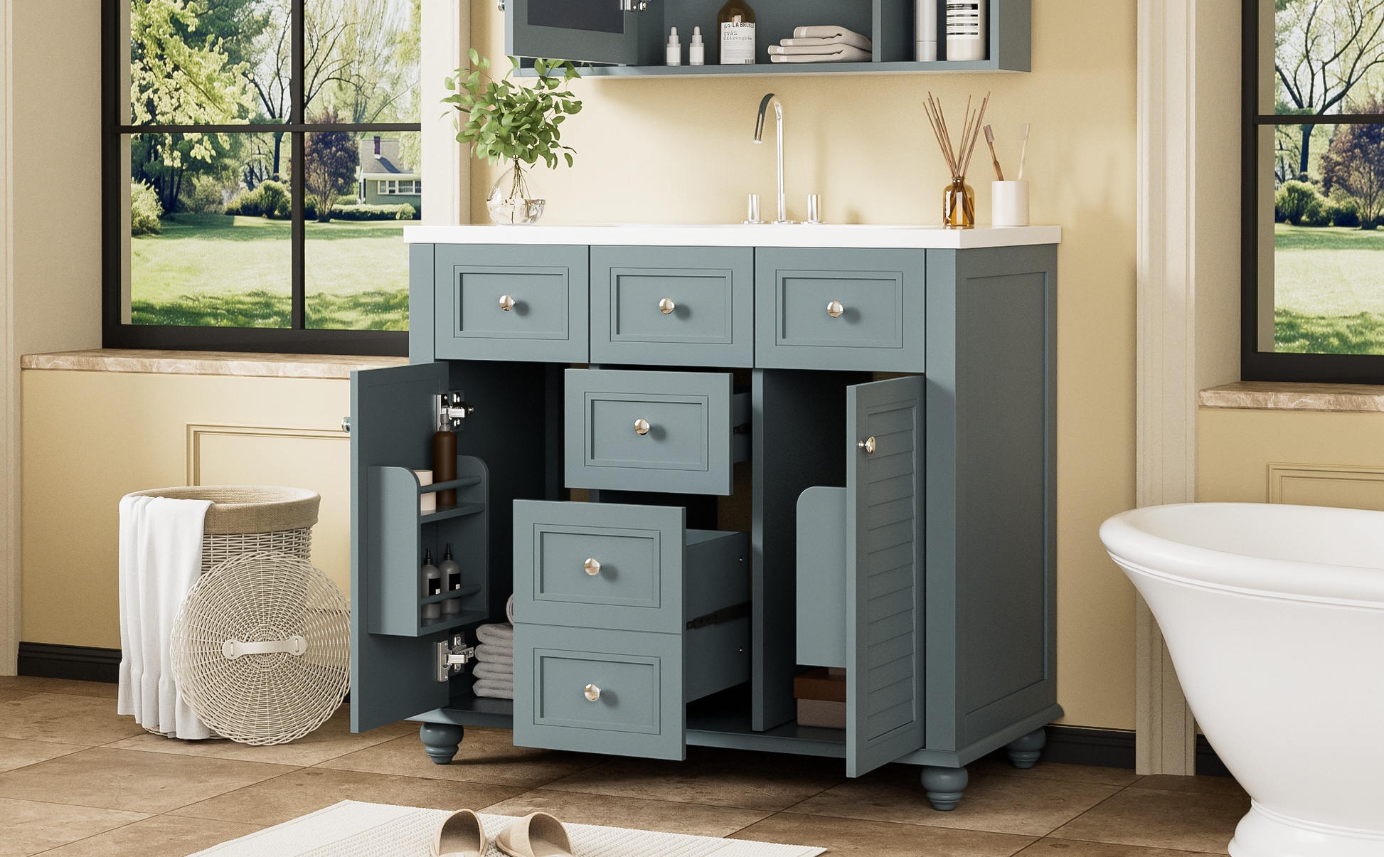 36" Bathroom Vanity Cabinet With Sink Combo Set, Undermount Resin Sink, Free Standing Vanity Set With 2 Drawers& Soft Closing Doors, Solid Wood Frame Bathroom Cabinet, Blue 2 Blue 2 Bathroom Freestanding French Country Solid Wood Mdf Resin Painted