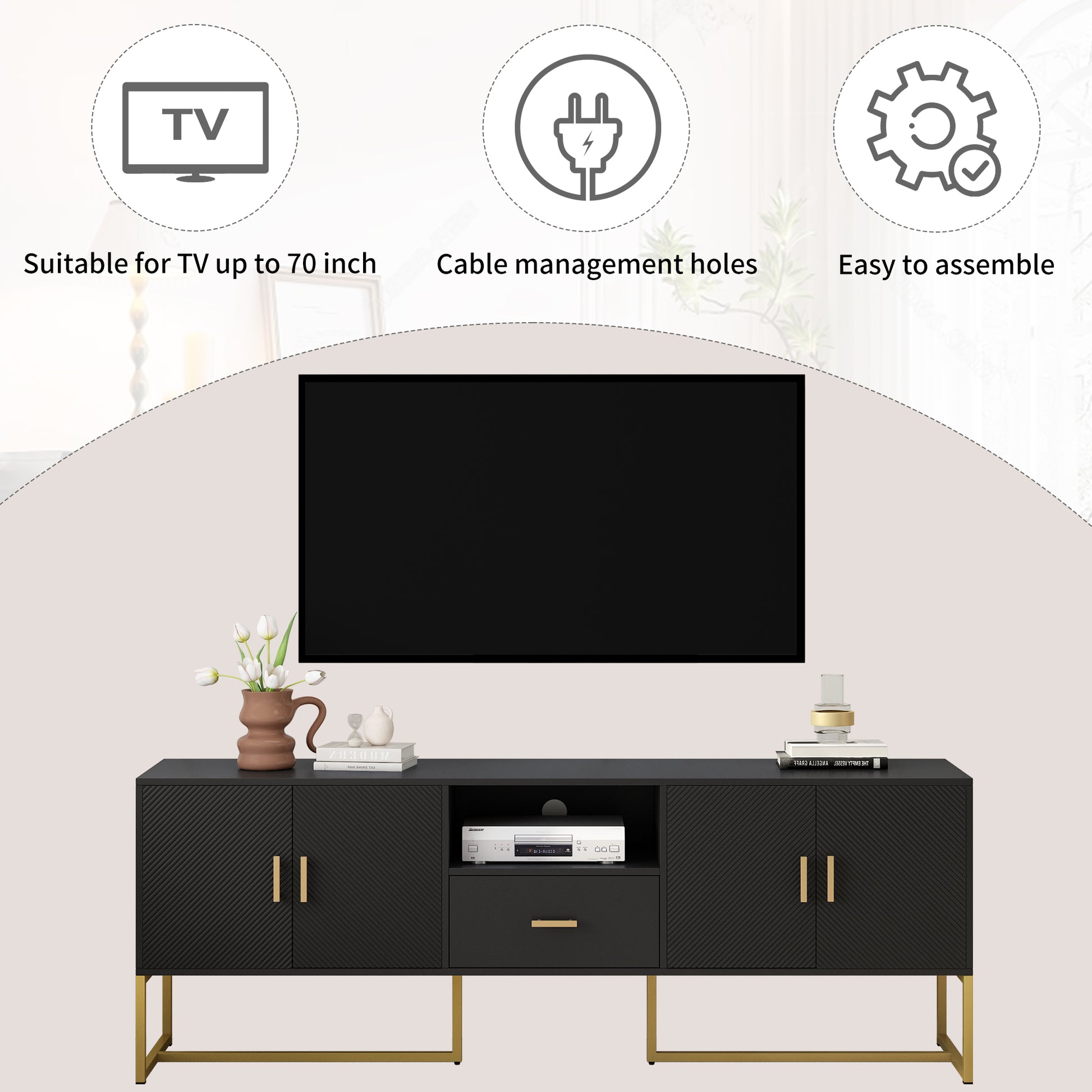 Modern Tv Stand For Tv Up To 70 Inches,Tv Cabinet With 1 Drawer, 2 Cabinets And Metal Legs, Handles And Anti Tip Device For Living Room Black 70 79 Inches Mdf