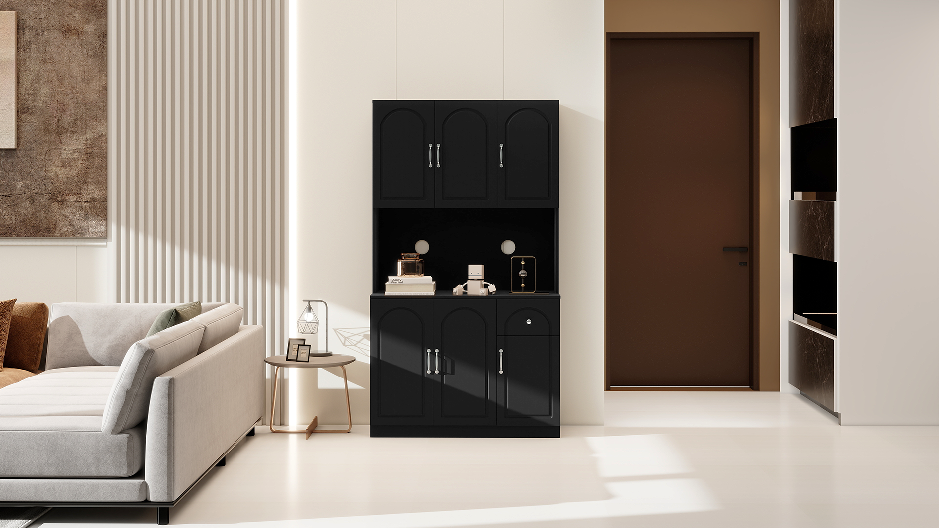 71" Kitchen Pantry Storage Cabinet With Microwave Oven Countertop, Freestanding Hutch Cabinet With Adjustable Shelves, 6 Doors And 1 Drawer Black Black Mdf