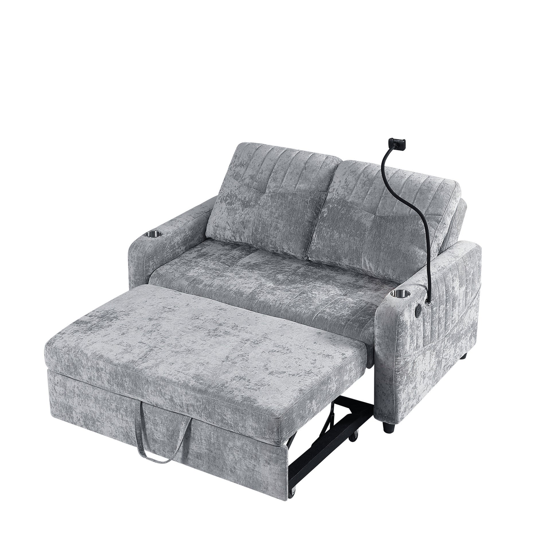 53.9" Modern Loveseat Pull Out Sofa Bed With Adjustable Backrest, Two Cup Holdersa Phone Holder, Three Charging Ports And Side Storage Pockets For Living Room, Grey Grey Foam Chenille