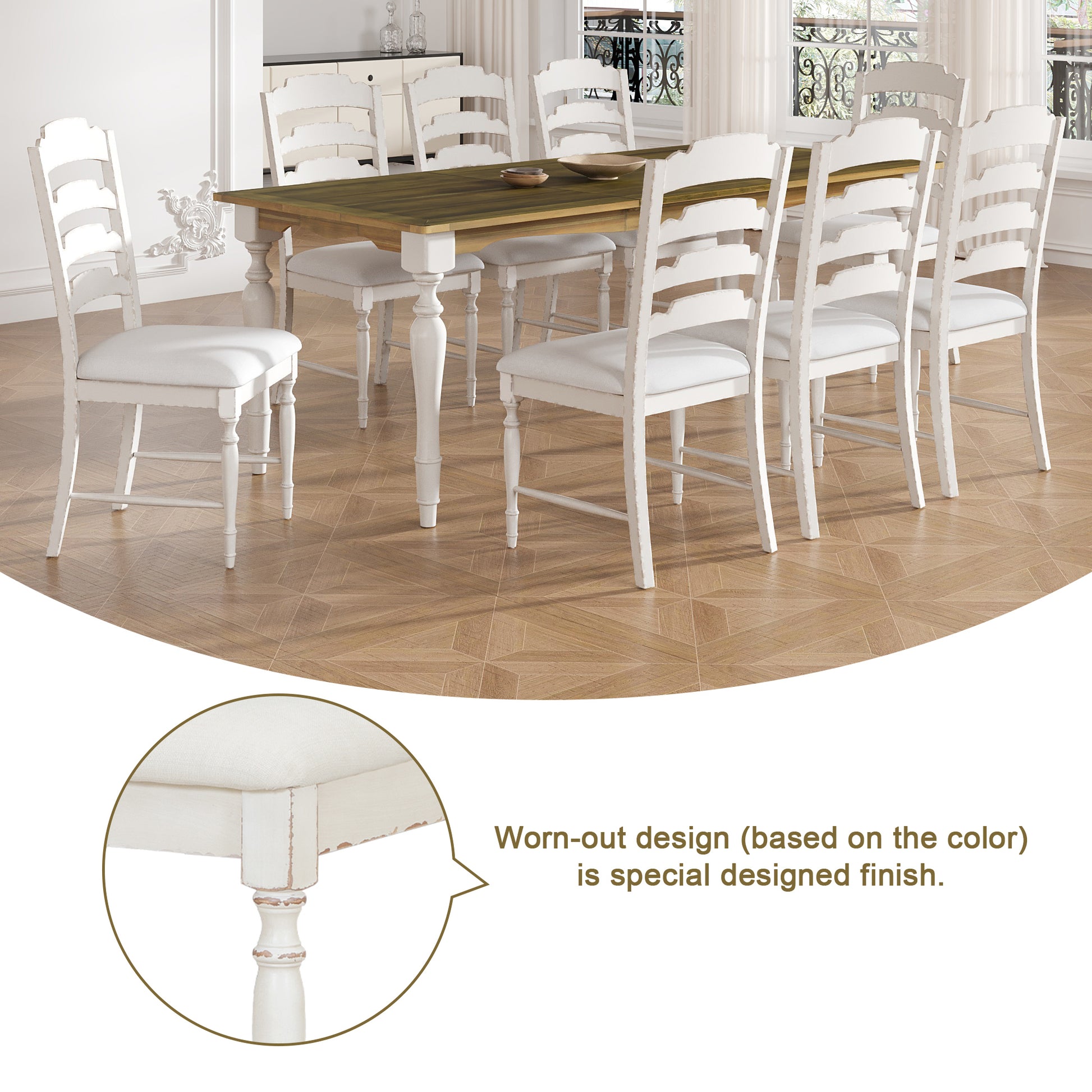 Vintage Traditional 9 Piece 82.7Inch Extendable Dining Table Set With 23.6Inch Removable Leaf And 8 Upholstered Dining Chairs For 8, Brown Cream Wood Dining Room Distressed Finish Rubberwood Rectangular Dining Table With Bench Wood Wood Cream Brown Seats