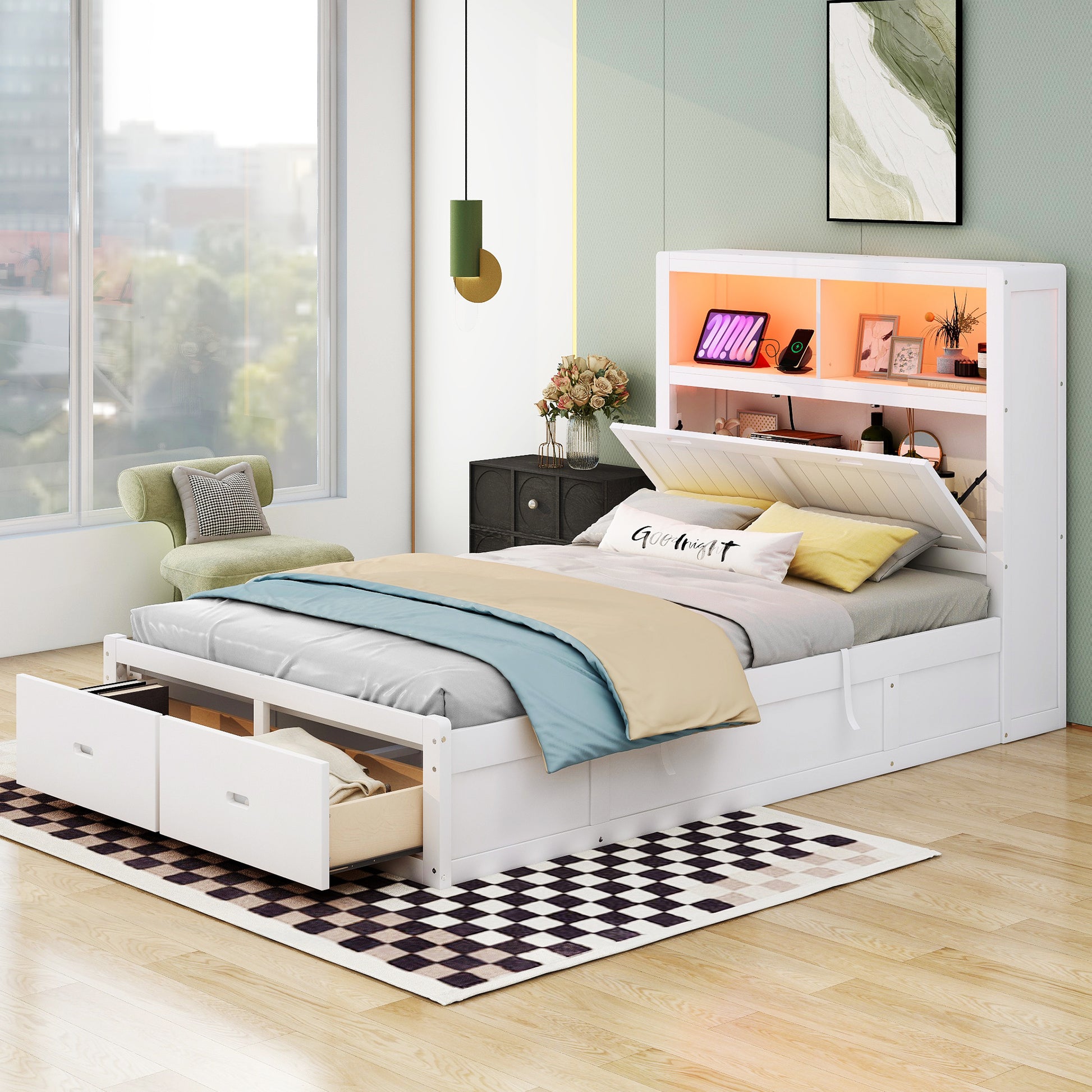 Wood Full Size Hydraulic Platform Bed With Storage Led Headboard, Charging Station And 2 Drawers, White Box Spring Not Required Full White Wood Bedroom Bed Frame Solid Wood Mdf