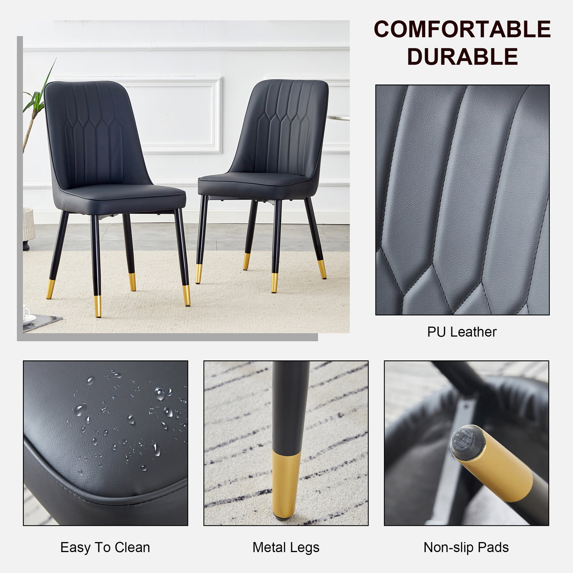 Table And Chair Set.A Morden Table With White Imitation Marble Patterned Stone Burning Tabletop With Golden Metal Legs.Paried With 4 Chairs With Pu Leather Backrest And Black Metal Legs. Black,White Gold Seats 4 Metal,Sintered Stone