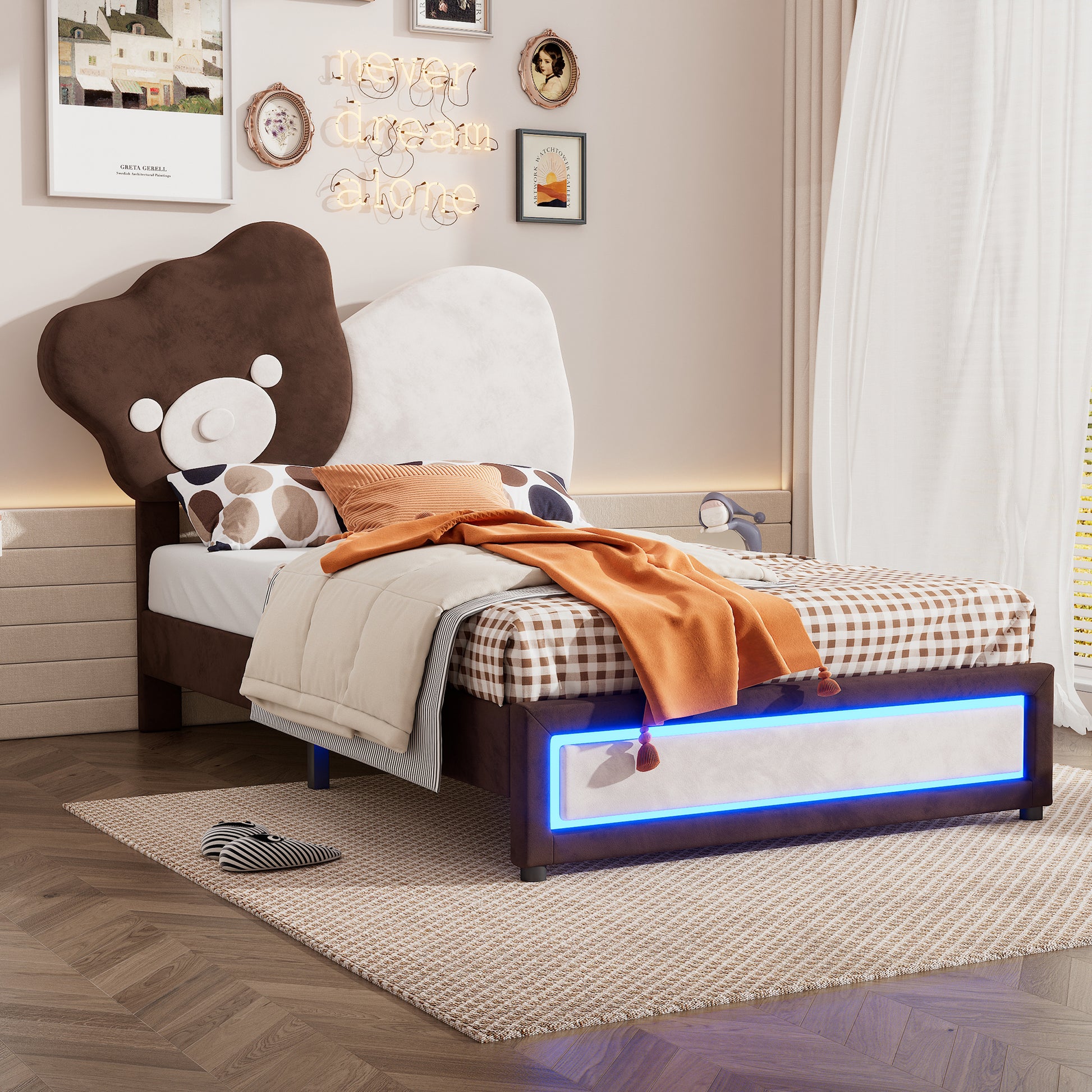 Twin Size Upholstered Platform Bed With Bear Shaped Headboard, Led Light Strips, White Brown Box Spring Not Required Twin Brown White Wood Bedroom Bed Frame Upholstered