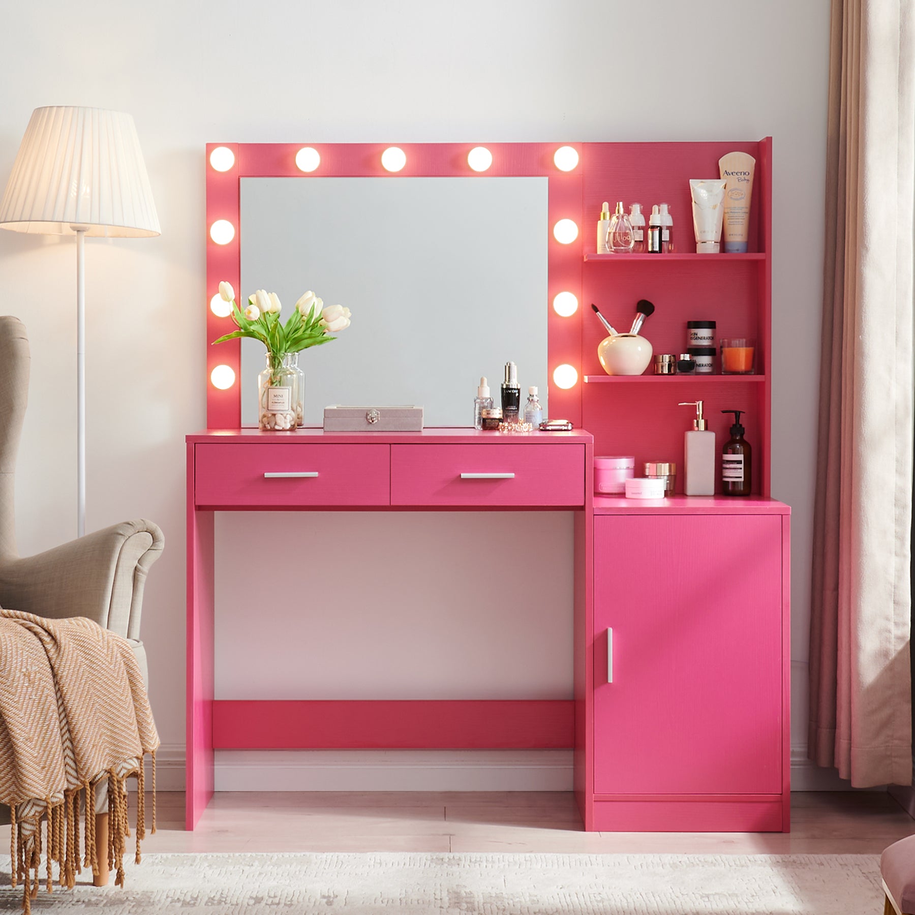 Vanity Desk With Mirror And Lights, 46.4In Dressing Table With 2 Large Drawer&Large Vertical Organizer, 3 Level Dresser & 3 Lighting Modes Adjustable Brightness, Suitable For Bedroom Rose Pink Rose Pink Particle Board