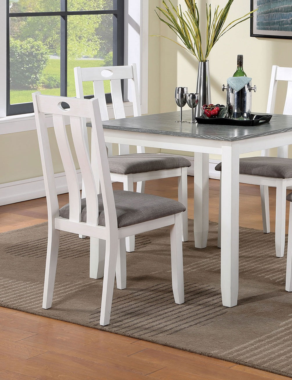 Modern White Solid Wood 5Pc Dining Set Table 4X Chairs Gray Fabric Cushions Seats Chairs Dining Room Wood Dining Room Solid Wood Square Dining Table With Chair Wood Wood White Gray Slat Back Seats 4 36 Inches Contemporary,Modern,Transitional 4 Leg