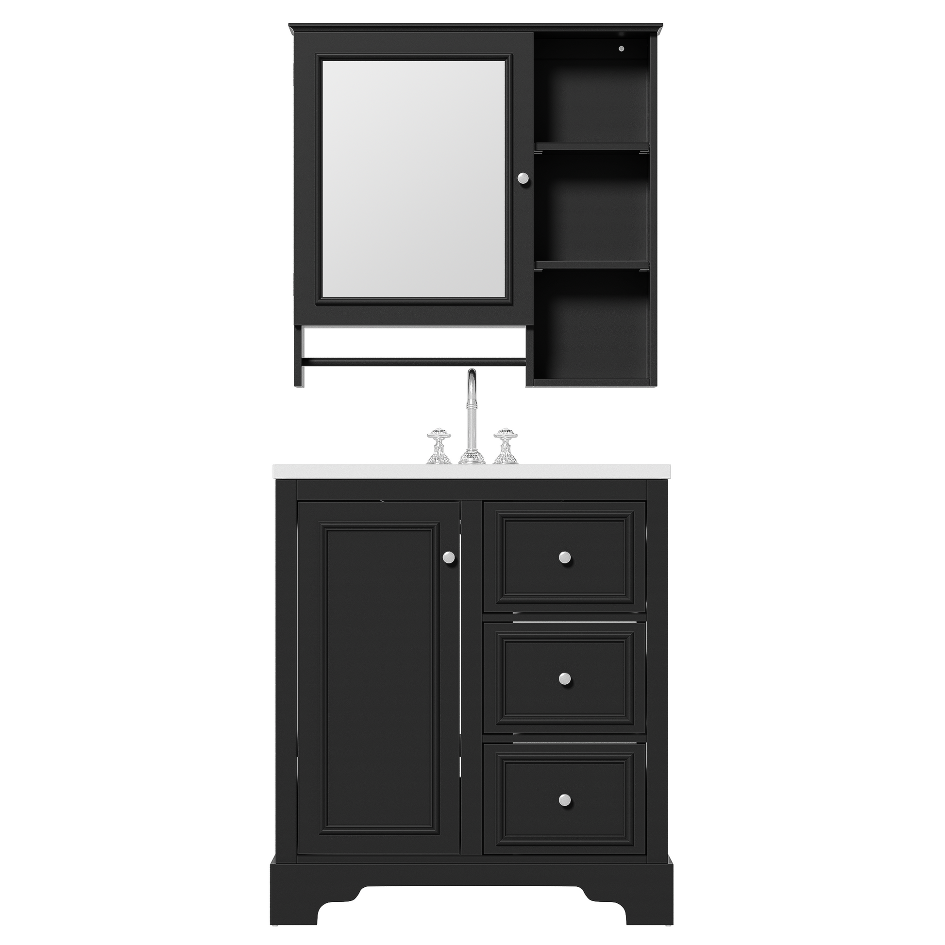 30 Inch Bathroom Vanity With Sink, Modern Elegant Bathroom Storage Cabinet With 3 Drawers And Adjustable Shelves, Freestanding Vanity Set With Mirror Cabinet, Single Sink Bathroom Vanity Black Bathroom Solid Wood Mdf Glass