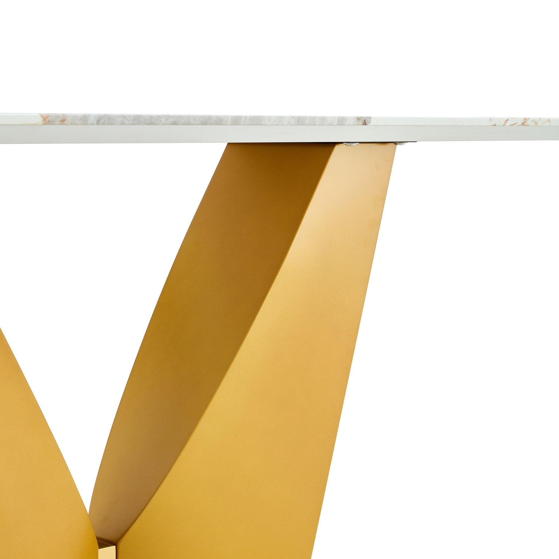Modern Minimalist Rectangular Dining Table, 0.4 "Thick, Imitation Marble Patterned Glass Tabletop, Gold Mdf Legs. "71" * 35.4" *30" Gold Mdf Glass