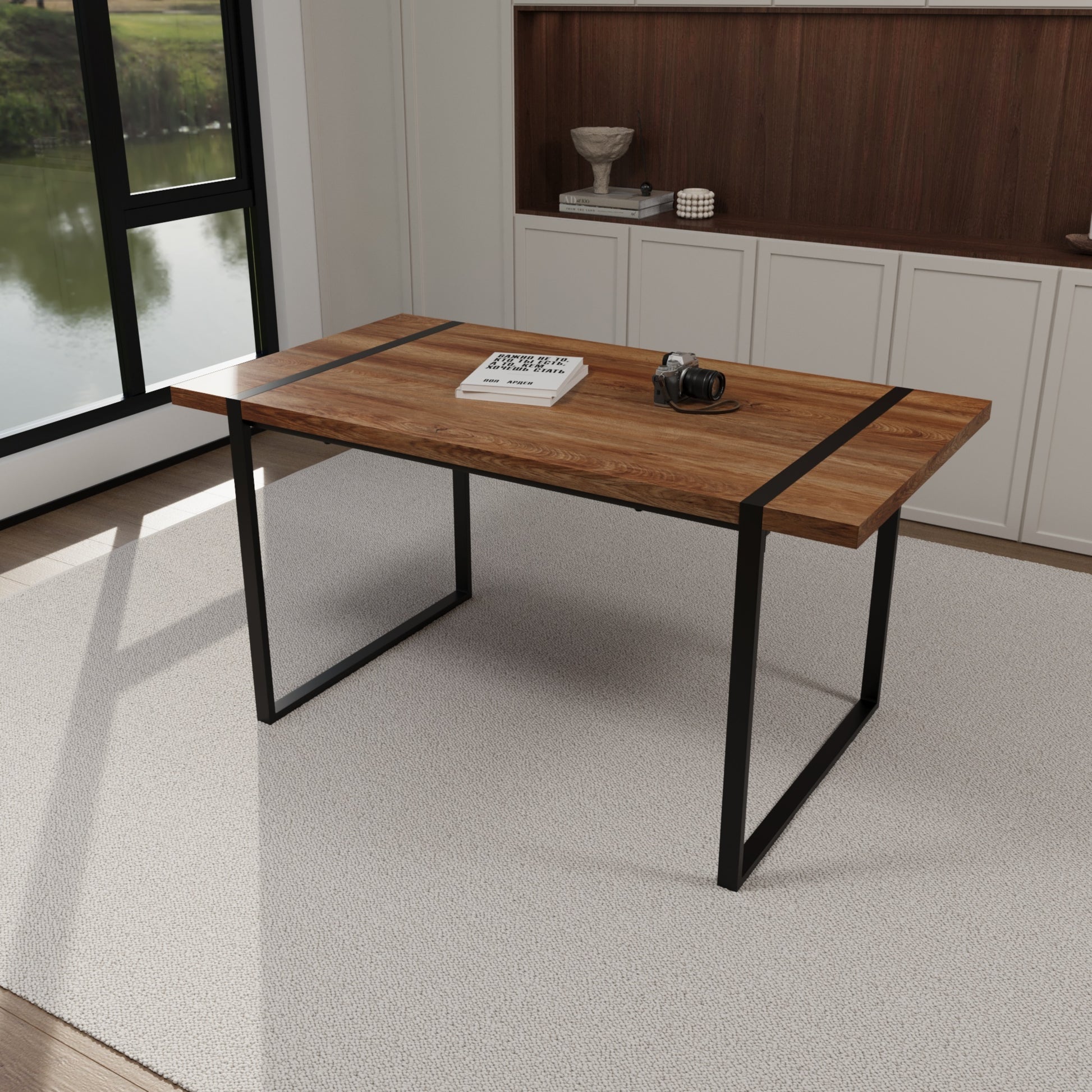 59 "Rural Industrial Rectangular Mdf Natural Wood Dining Table, 4 6 People, 1.5" Thick Engineering Wood Tabletop And Black Rectangular Metal Legs, Used For Writing Desks, Kitchens, Terraces Wood Kitchen Mdf