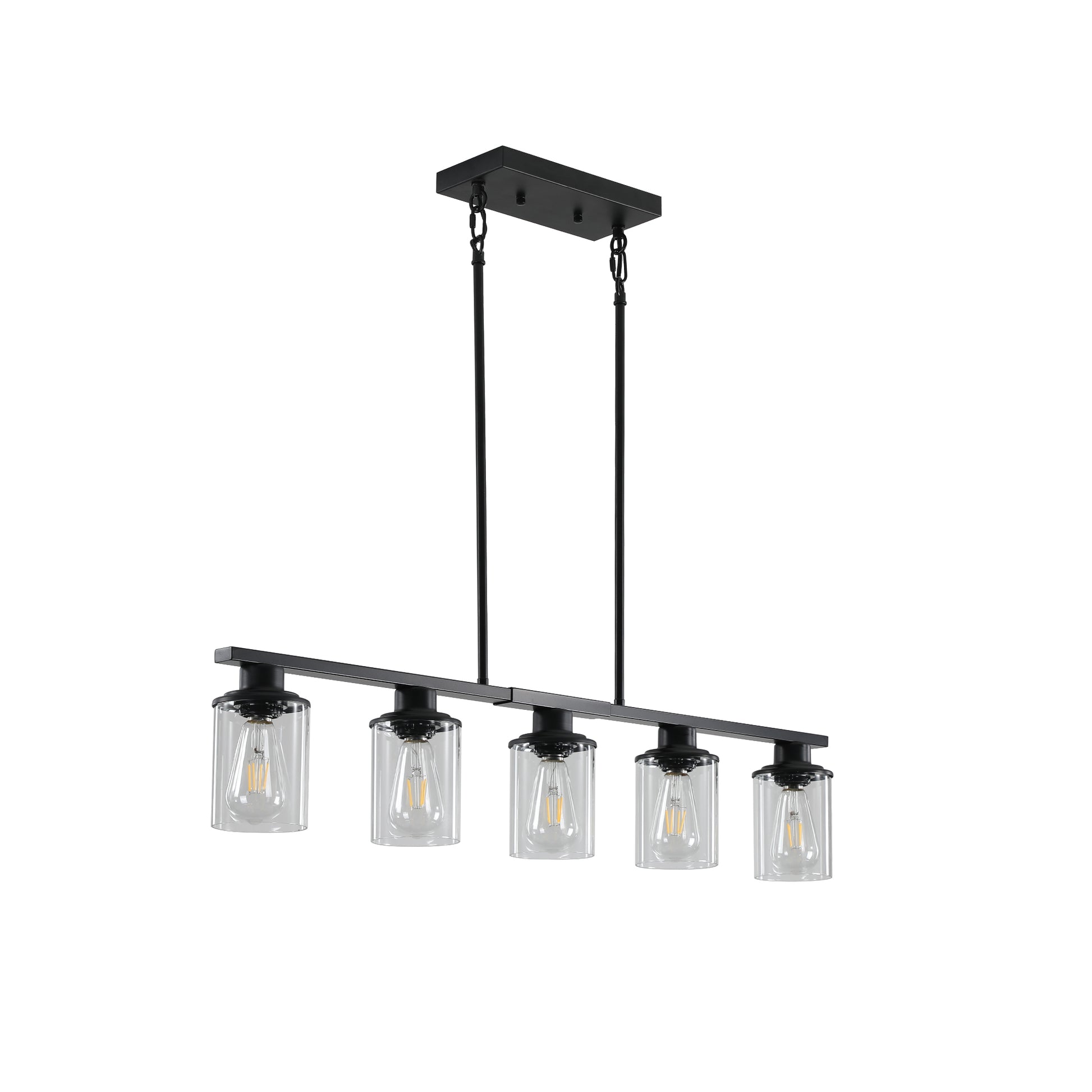 Modern Industrial 5 Light Chandelier With Clear Glass Shades, Matte Black Metal Frame Hanging Ceiling Light Fixture For Dining Room, Kitchen Island, Living Room No Bulbs Black Glass,Iron