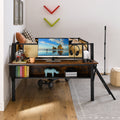 Single Metal Loft Bed With Rectangular Desk, Led Lights, Led Loft Bed Frame Double Bed With Storage Shelves And Hanging Storage Compartments, Safety Guard And Ladder, No Box Springs Required, Rattan G Full Black Brown Mdf Iron