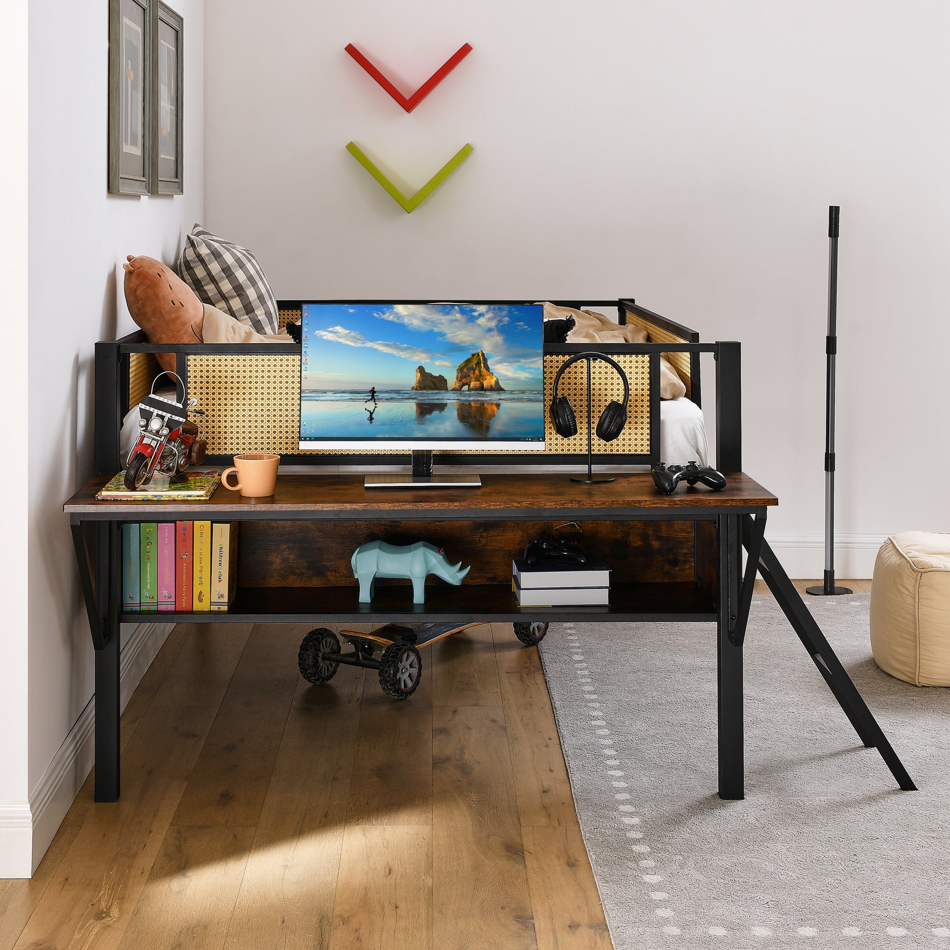 Single Metal Loft Bed With Rectangular Desk, Led Lights, Led Loft Bed Frame Double Bed With Storage Shelves And Hanging Storage Compartments, Safety Guard And Ladder, No Box Springs Required, Rattan G Full Black Brown Mdf Iron
