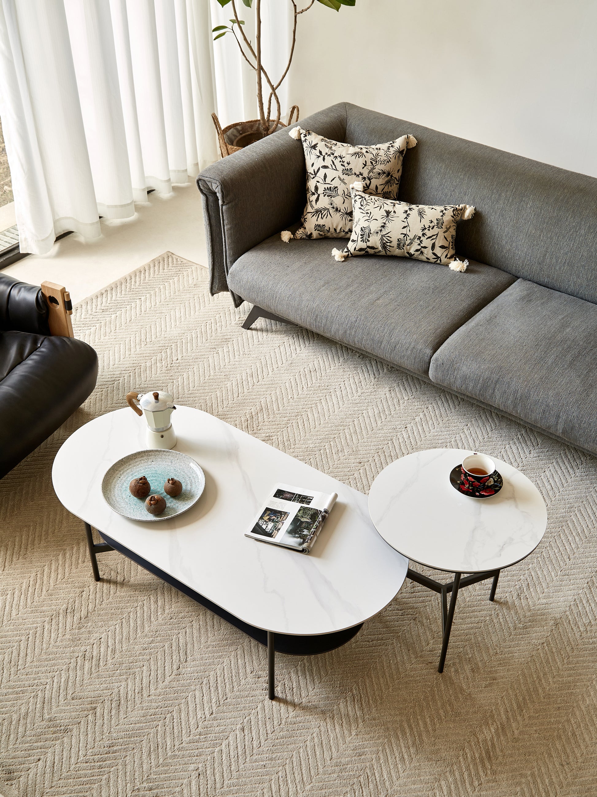 Coffee Table Ceramic Coffee Table, Mdf Painting Double Layer Coffee Table For Living Room, White Ceramic And Coffee Brown Bottom Shelf Black White Ceramic Mdf