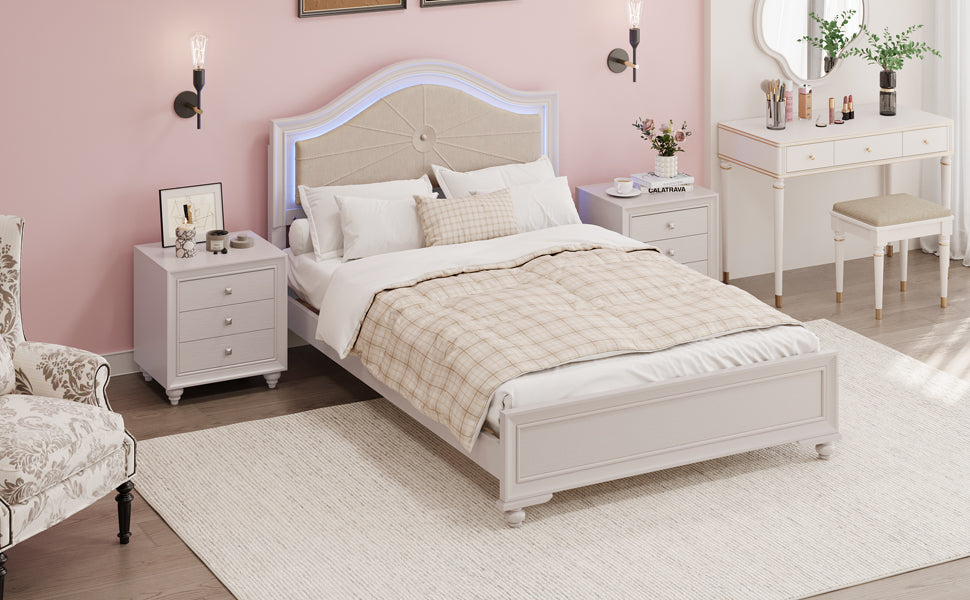 3 Pieces Bedroom Sets Queen Size Wood Bed With Hidden Led Light Upholstered Headboard 2 Nightstands, Cream Grey Queen Cream Grey 3 Piece Set Upholstered,Wood