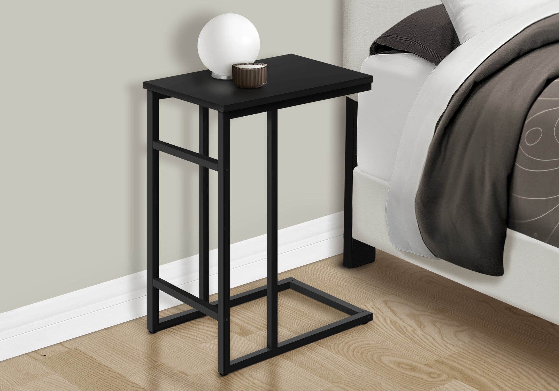 Accent Table, C Shaped, End, Side, Snack, Living Room, Bedroom, Black Laminate, Black Metal, Contemporary, Modern Black Particle Board