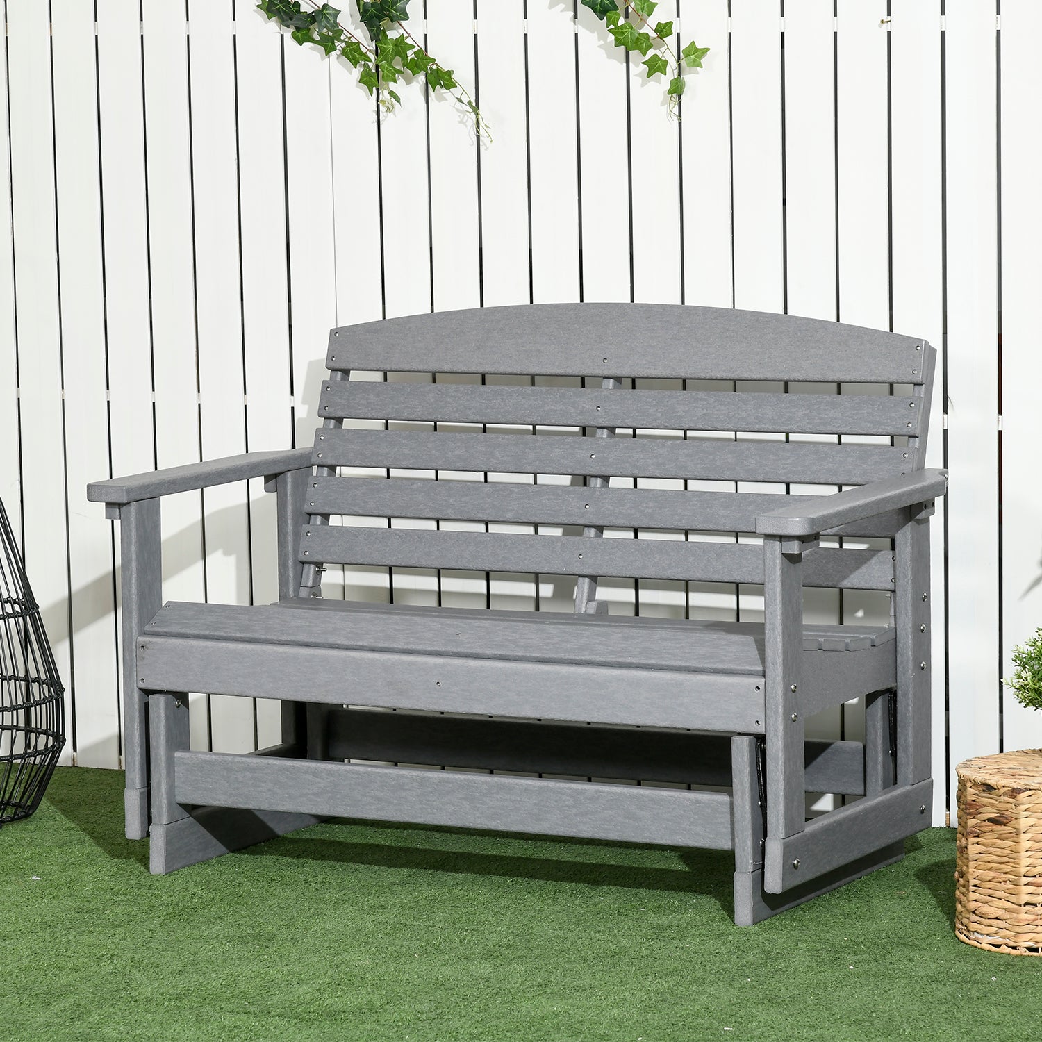 Outsunny 2 Person Outdoor Glider Bench Patio Double Swing Rocking Chair Loveseat W Slatted Hdpe Frame For Backyard Garden Porch, Light Gray Gray Hdpe