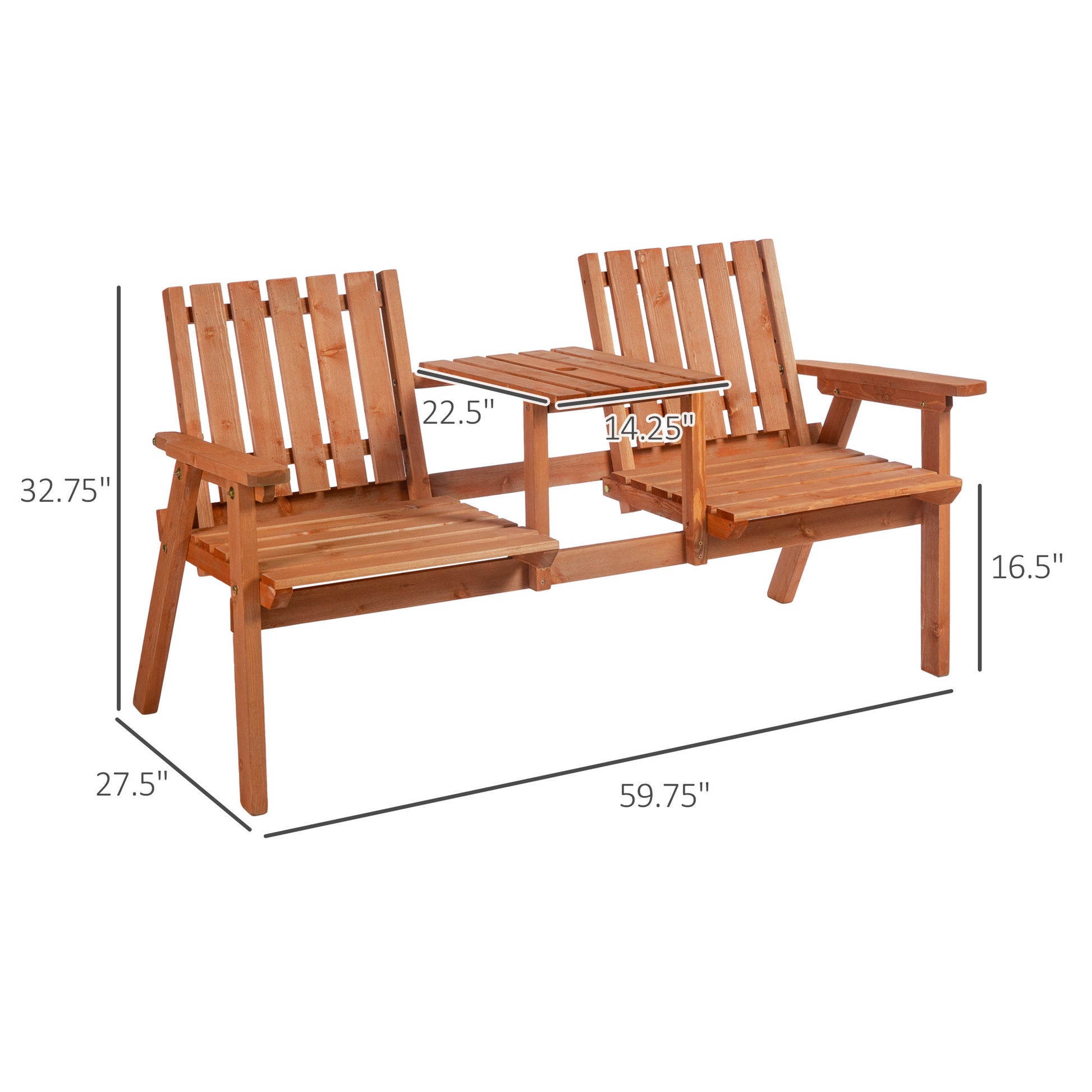 Outsunny Patio Bench, Garden Bench With Middle Table And Umbrella Hole, Wooden Outdoor Bench For Patio, Porch, Poolside, Balcony, Orange Orange Wood