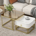 Nesting Coffee Table With Drawer, Set Of 2, Exquisite Square Stacking Coffee Tables With Brown Tempered Glass, Side Table With High Gloss Marble Grain Tabletop For Living Room, White White Gold Primary Living Space Drawers Square Mdf Steel