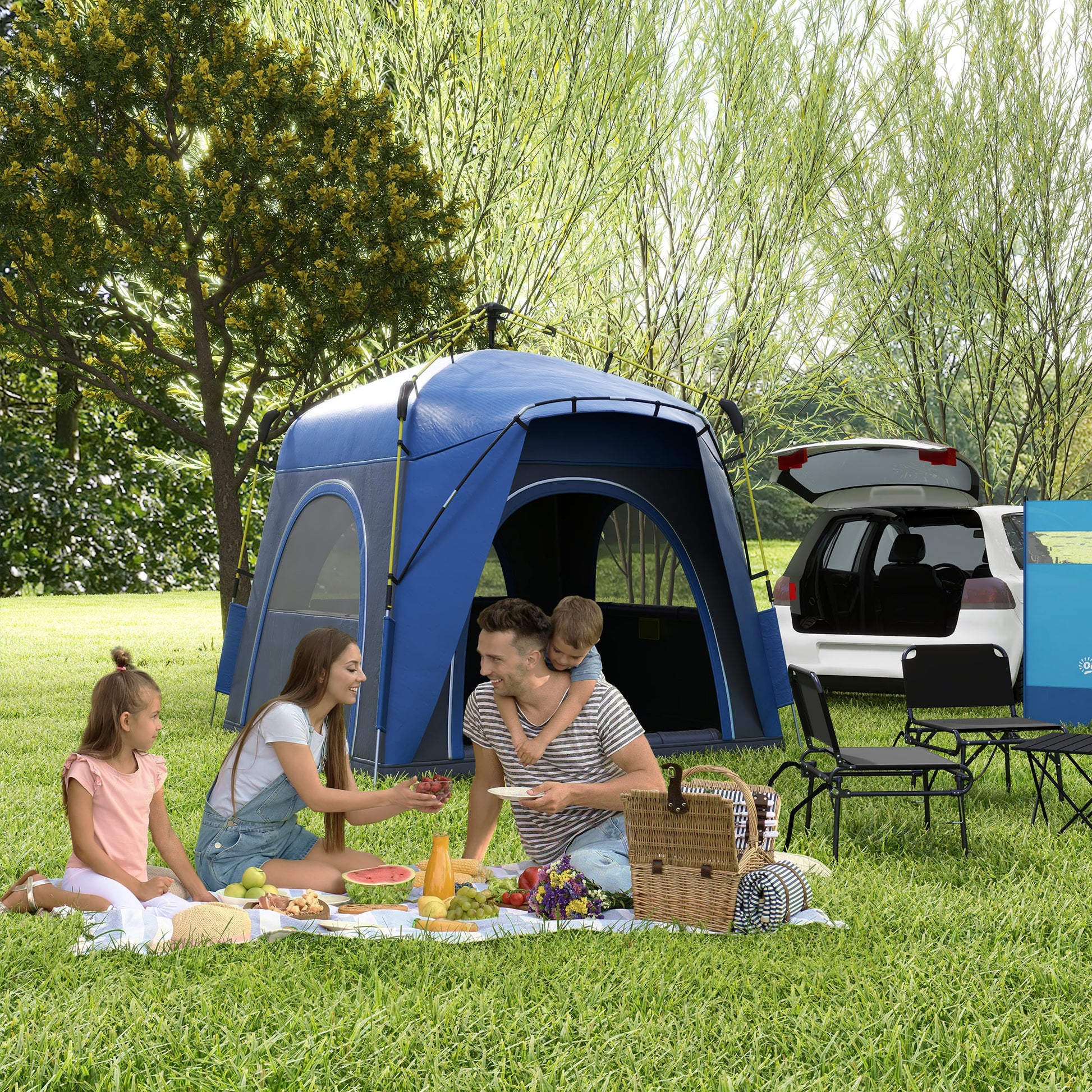 Outsunny Camping Tents 4 Person Pop Up Tent Quick Setup Automatic Hydraulic Family Travel Tent W Windows, Doors Carry Bag Included, Blue Blue Polyester