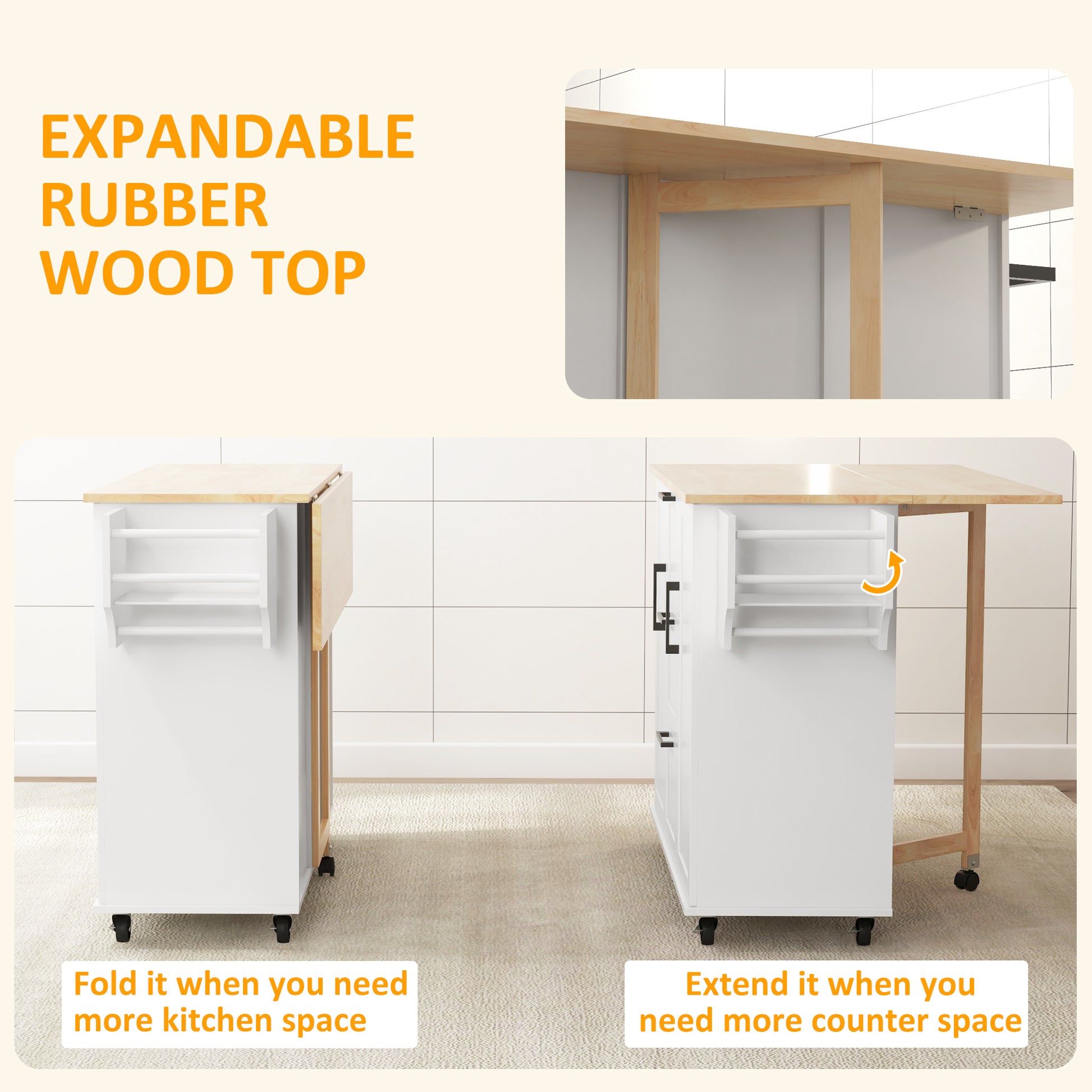 Homcom Kitchen Island With Drop Leaf, Rolling Kitchen Cart On Wheels With 3 Drawers, 2 Cabinets, Natural Wood Top, Spice Rack And Towel Rack, White White Rubber Wood