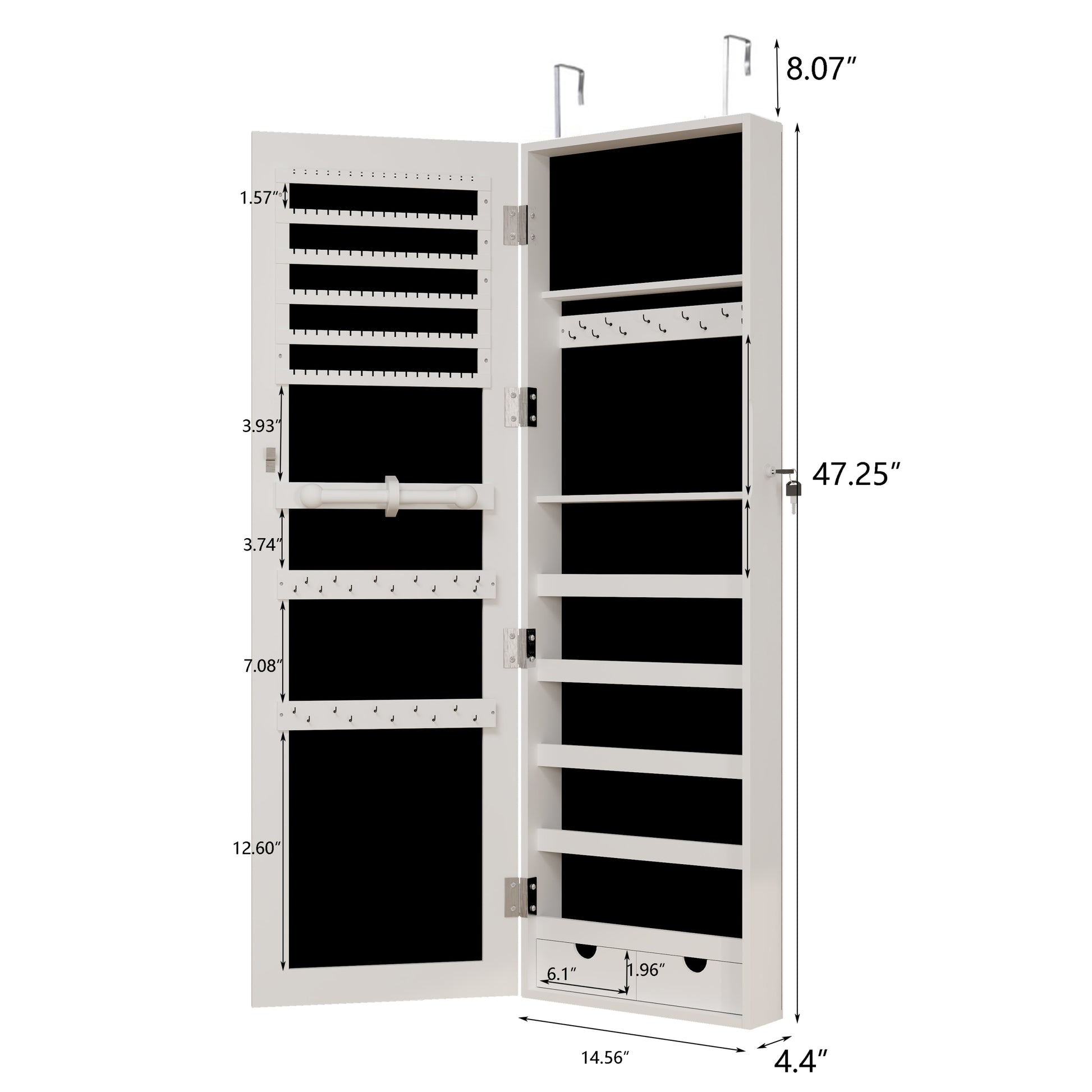 Mirror Jewelry Cabinet, 47.2 Inch Large Capacity Lockable Jewelry Armoire Organizer, Wall Or Door Mounted Mirror With Jewelry Storage White White Mdf Glass