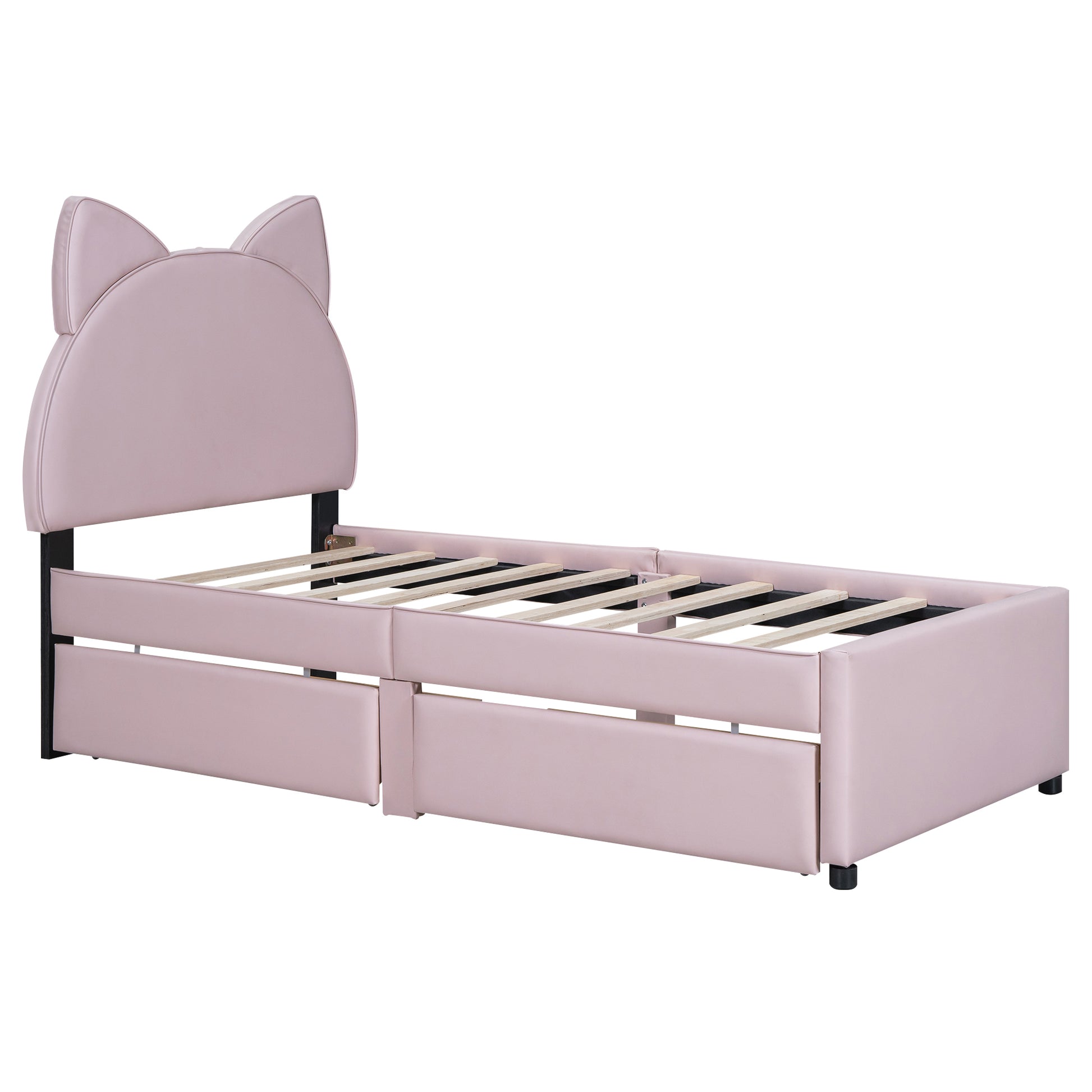 Twin Size Upholstered Platform Bed With Cartoon Ears Shaped Headboard And 2 Drawers, Pink Box Spring Not Required Twin Pink Wood Bedroom Bed Frame Faux Leather Upholstered