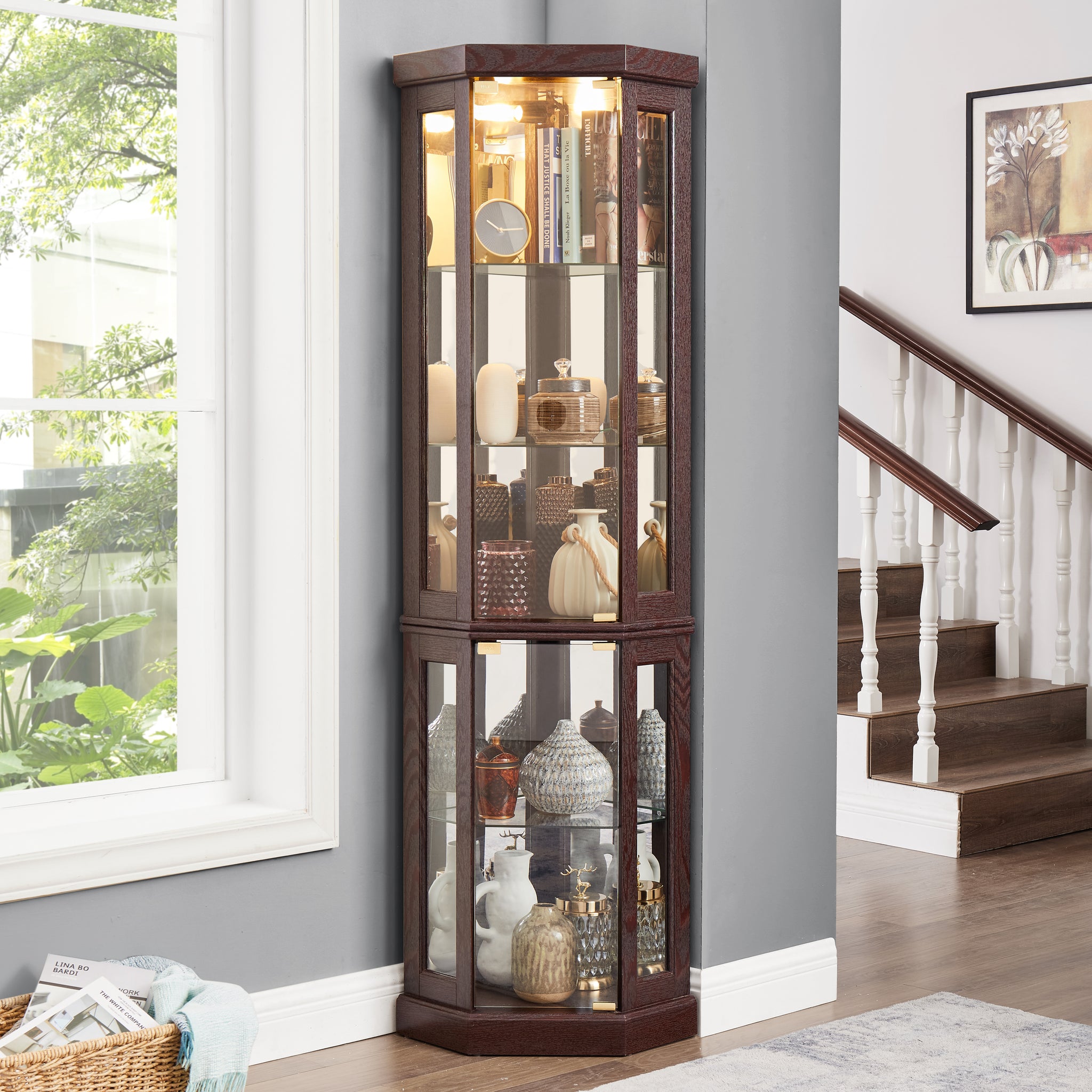 Corner Glass Cabinet Lighted Curio Cabinet Corner Display Case For Living Room, Curio Cabinet, Antique Collection, Wine,Bar Glass Storage Light Included,Dark Cherry Cherry Mdf Glass