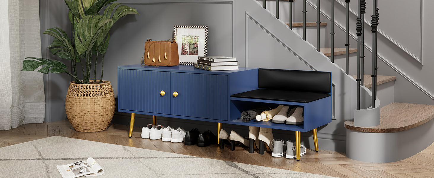 Modern Shoe Storage Bench With Hidden Storage And Upholstered Cushions For Bedside, Living Room And Entryway Navy Navy Mdf Metal