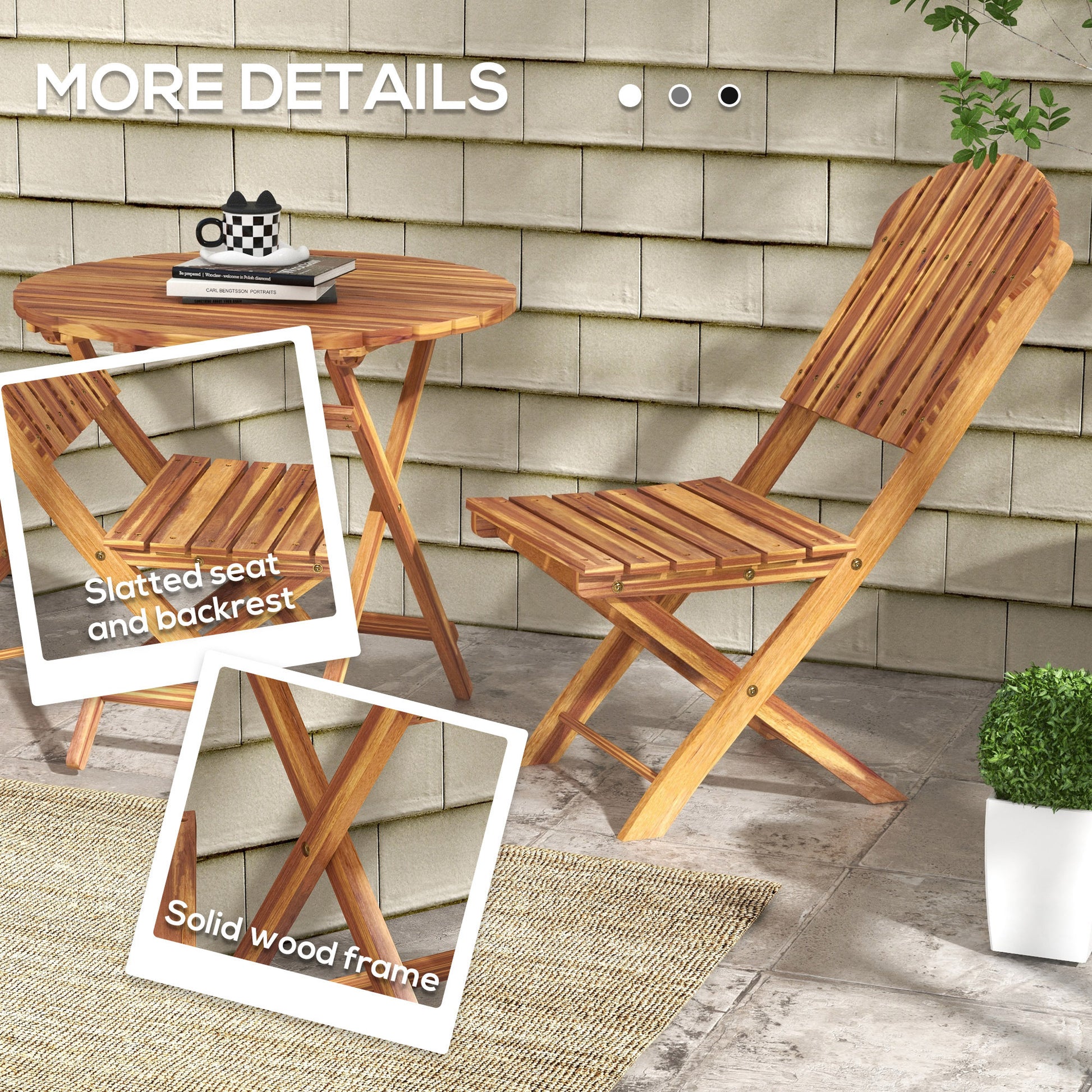 Outsunny 3 Piece Acacia Wood Bistro Set, Foldable Bistro Table And Chairs, Outdoor Bistro Set For Garden, Backyard, Balcony, Deck, Porch, Natural Wood Finish Natural Acacia Wood