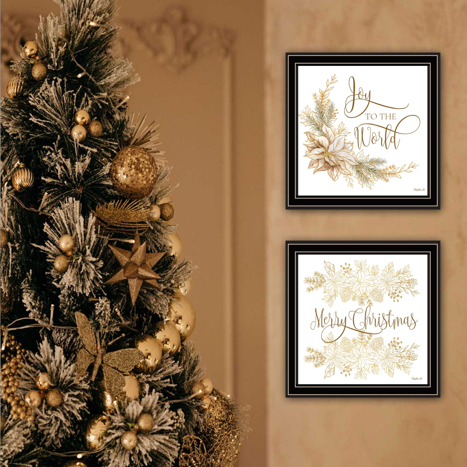 2 Piece Vignette Golden Merry Christmas Black Framed Wall Art For Living Room, Bedroom Wall Art Print For Home Decor By Mollie B Multicolor Wood Paper