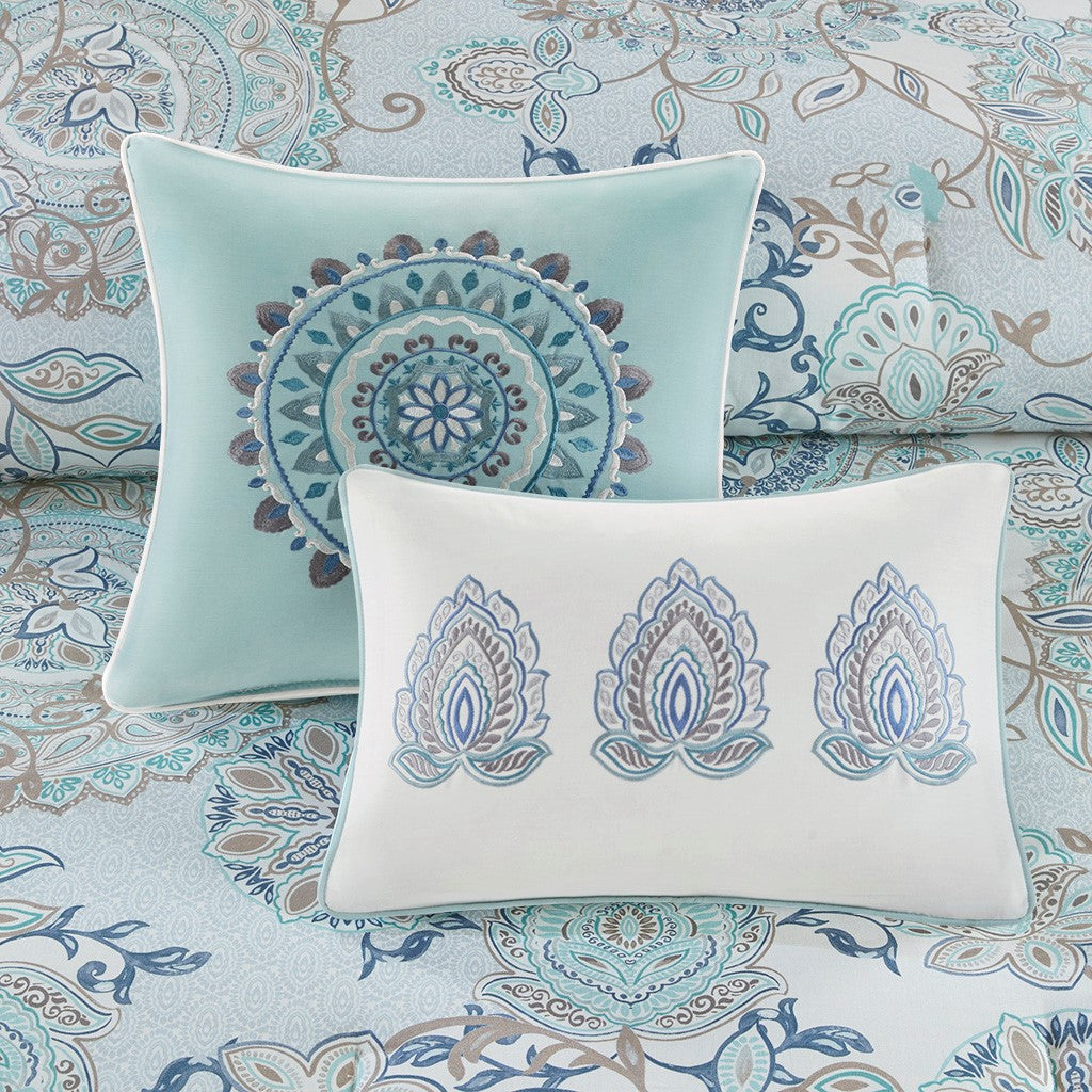 8 Piece Cotton Floral Printed Reversible Comforter Set Blue King King Blue Cotton