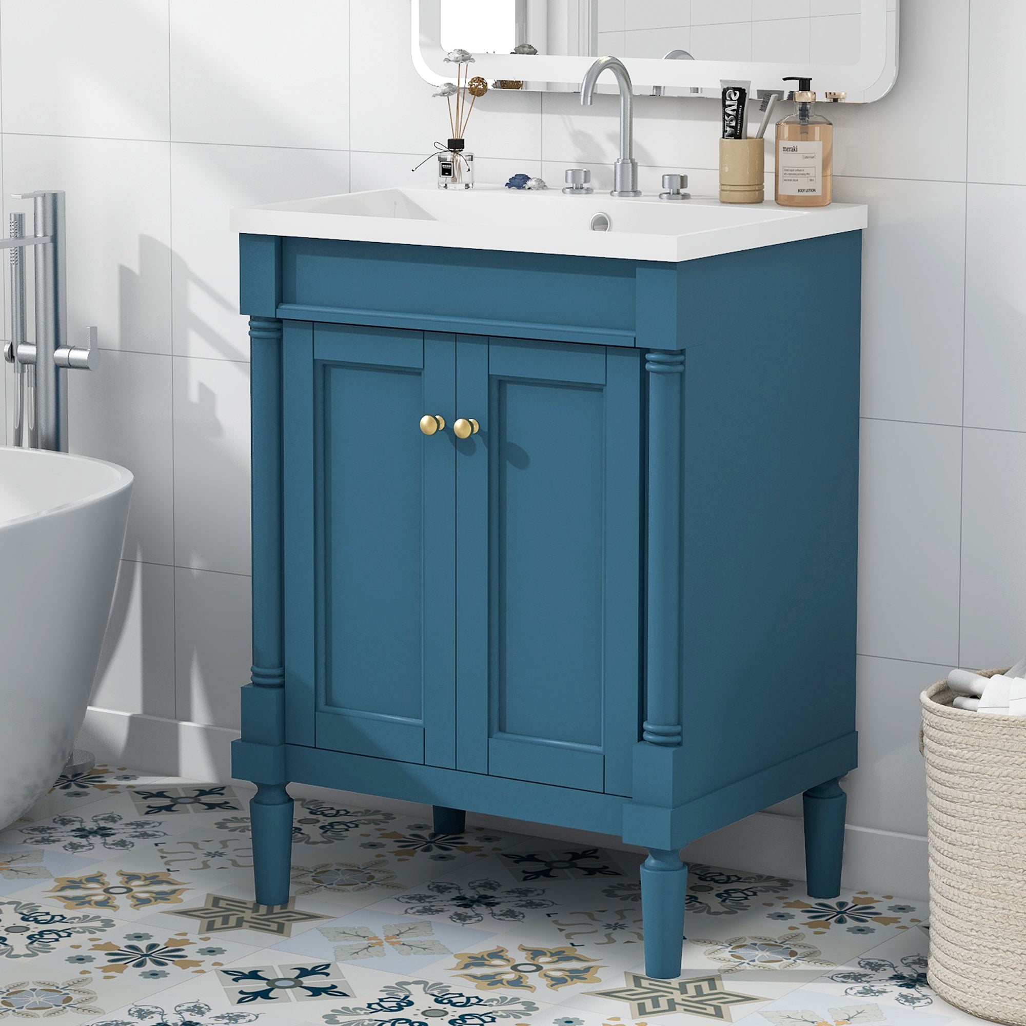 24'' Bathroom Vanity With Top Sink, 2 Tier Modern Bathroom Storage Cabinet, Single Sink Bathroom Vanity, Large Storage Shelves Blue 2 1 Adjustable Hinges Freestanding Modern Solid Wood Mdf Resin Painted