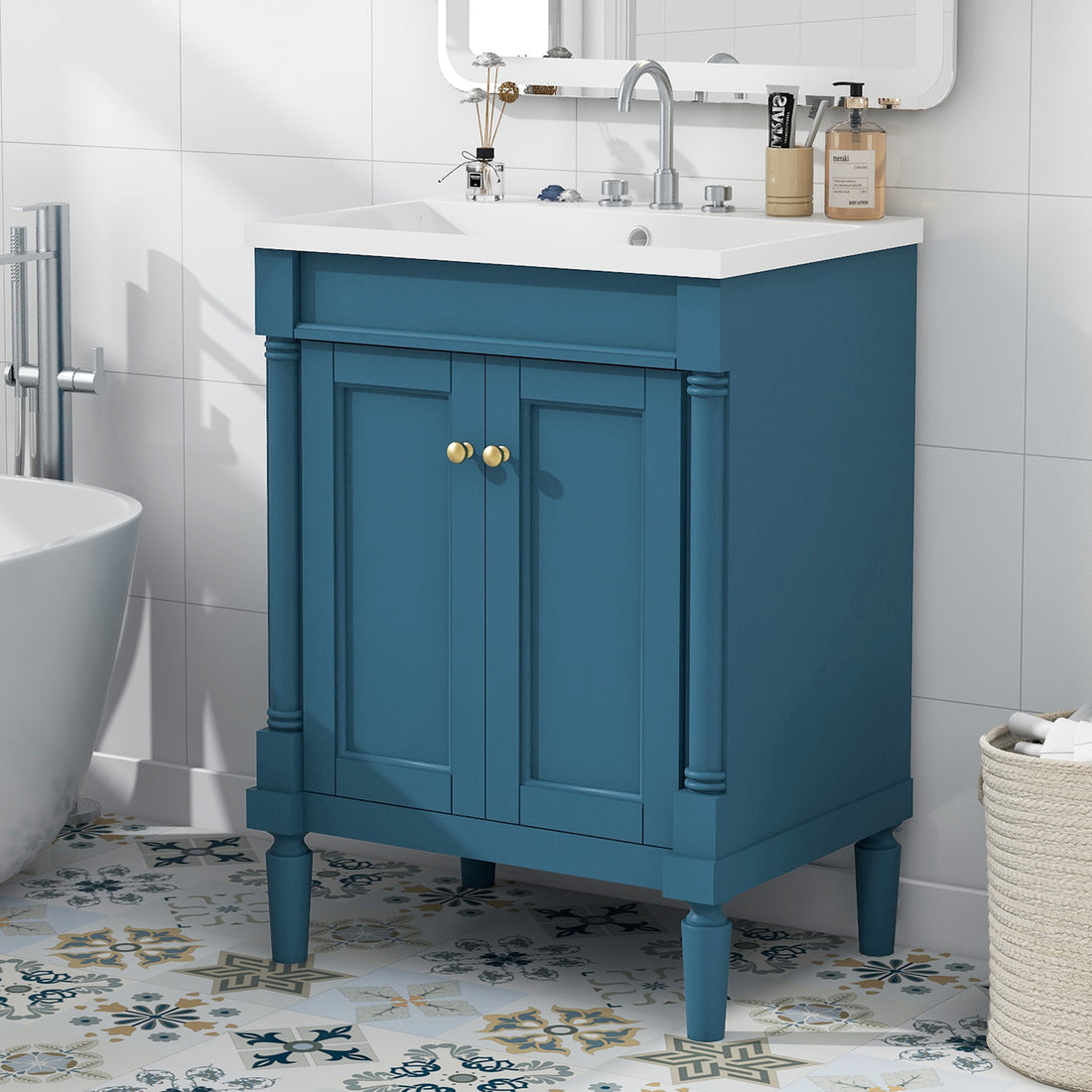 24'' Bathroom Vanity With Top Sink, 2 Tier Modern Bathroom Storage Cabinet, Single Sink Bathroom Vanity, Large Storage Shelves Blue 2 1 Adjustable Hinges Freestanding Modern Solid Wood Mdf Resin Painted