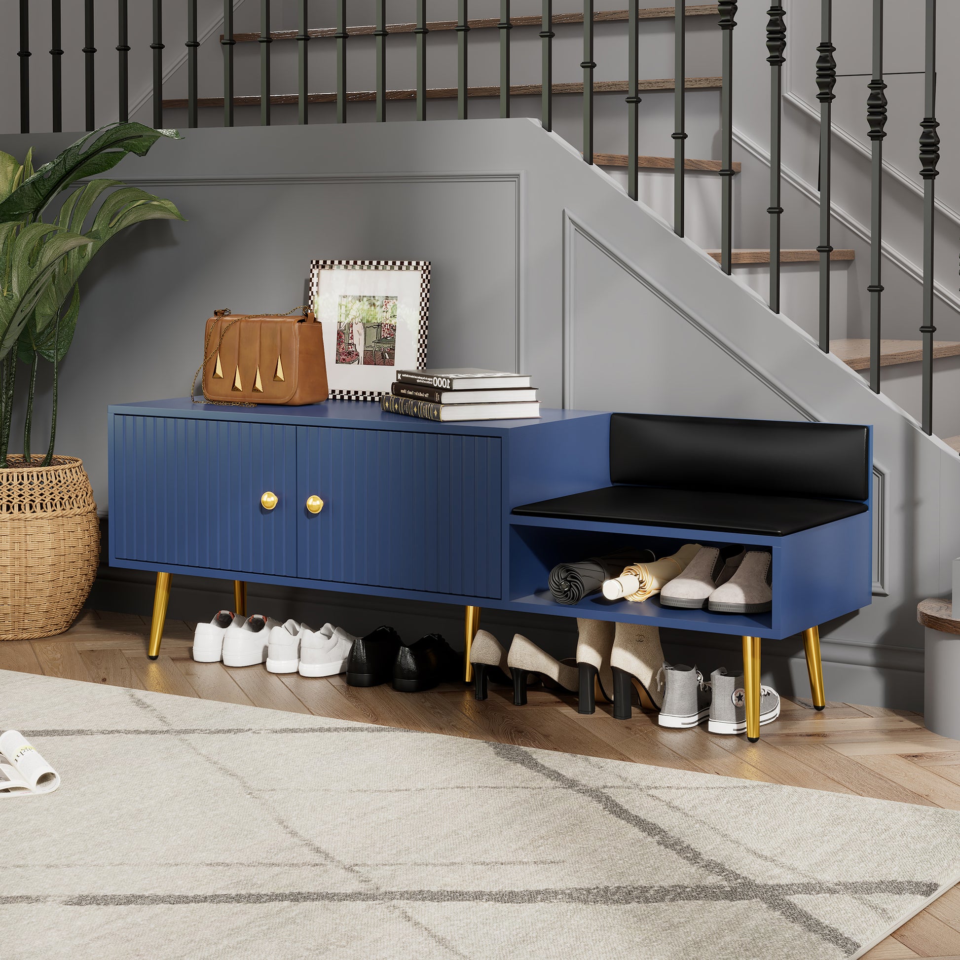 Modern Shoe Storage Bench With Hidden Storage And Upholstered Cushions For Bedside, Living Room And Entryway Navy Navy Mdf Metal