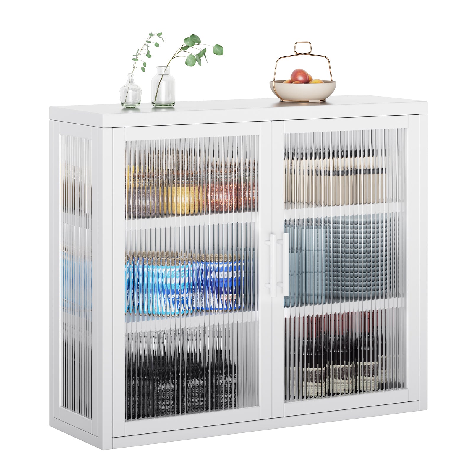 Retro Style Haze Double Glass Door Wall Cabinet With Detachable Shelves For Office, Dining Room,Living Room, Kitchen And Bathroom White Color White Tempered Glass Sheet Metal Plastic