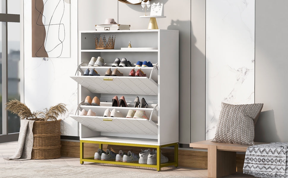 Shoe Cabinet With 2 Flip Drawers, And 2 Shelves, Modern Free Standing Shoe Rack For Heels, Boots, Slippers,Shoe Storage Cabinet For Entryway, Hallway, Living Room, White White Mdf