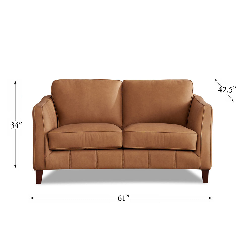 Aria Top Grain Leather Loveseat Brown Genuine Leather Wood Primary Living Space Medium Firm Cushion Back Mid Century Modern Eucalyptus Square Arms Down Filling Leather