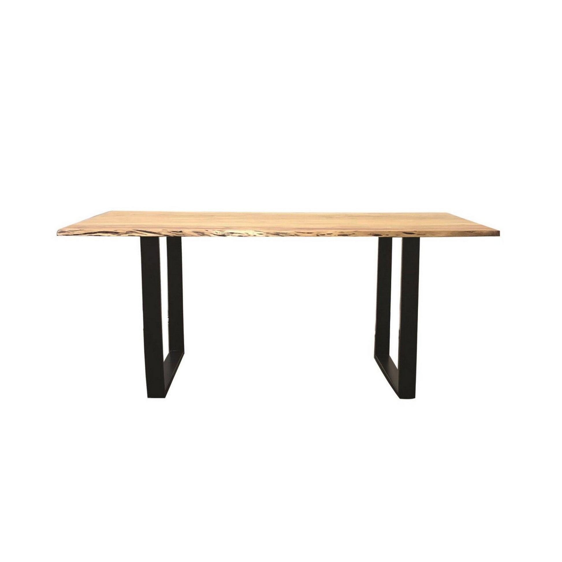 71 Inch Live Edge Dining Table, U Design Black Metal Legs, Natural Brown Black Brown Solid Wood