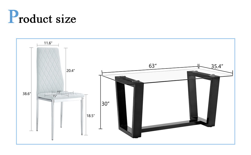 Table And Chair Set.A Rectangular Dining Table Features With Tempered Glass Top And Sleek Black Mdf Stand.Paried With 4 Pu Chairs With Checkered Armless High Back And Electroplated Metal Legs. Light Gray,Transparent Seats 4 Mdf Glass