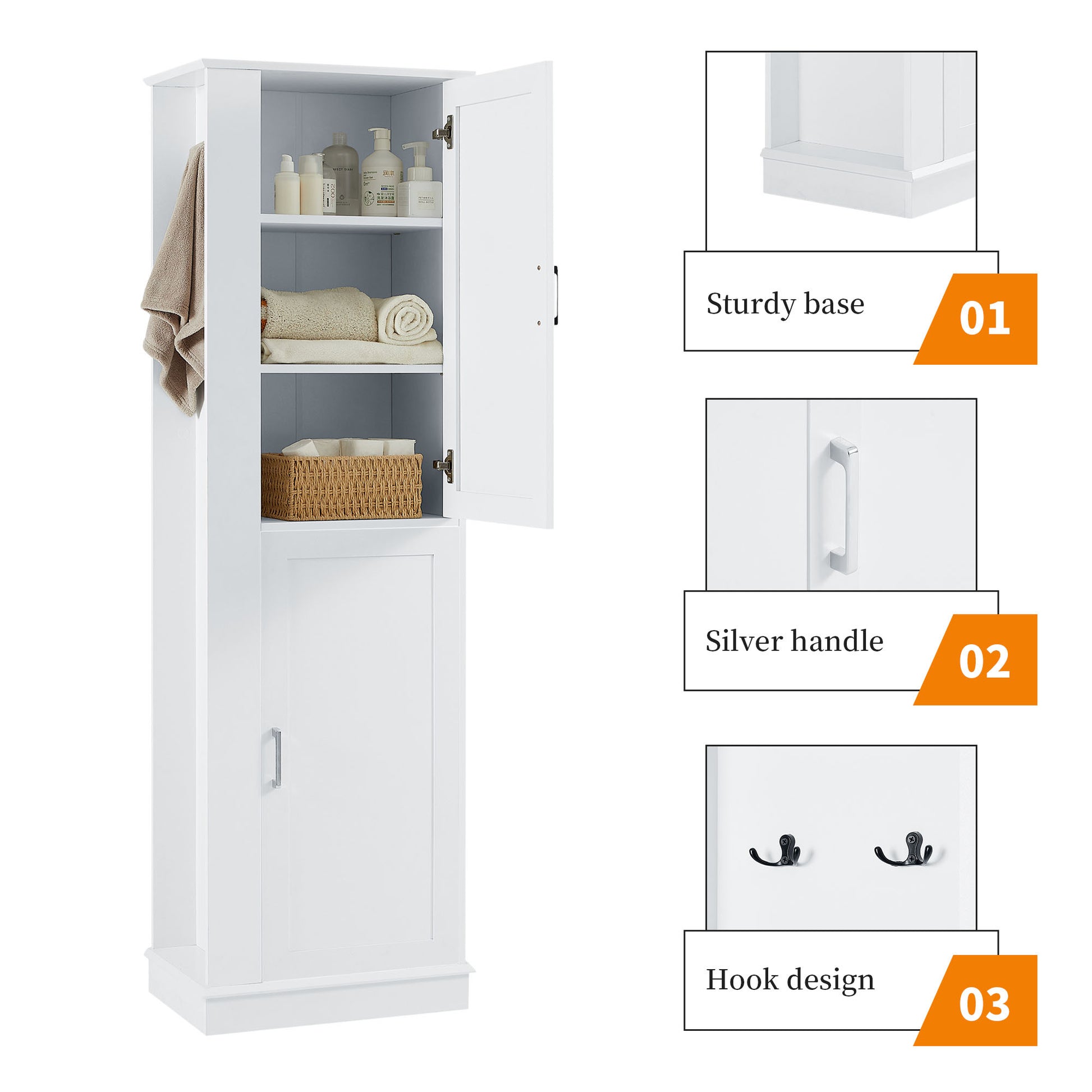 Tall Bathroom Storage Cabinet, Freestanding Storage Cabinet With Hook And Adjustable Shelf, Mdf Board, White White 2 Mdf