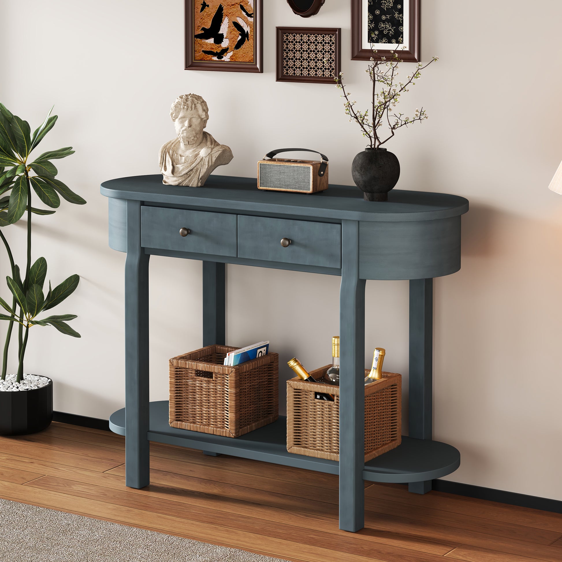 Elegant Retro Console Table With Curved Design And Smooth Glaze For Entryways, Living Rooms And Hallways Navy Navy Solid Wood Mdf