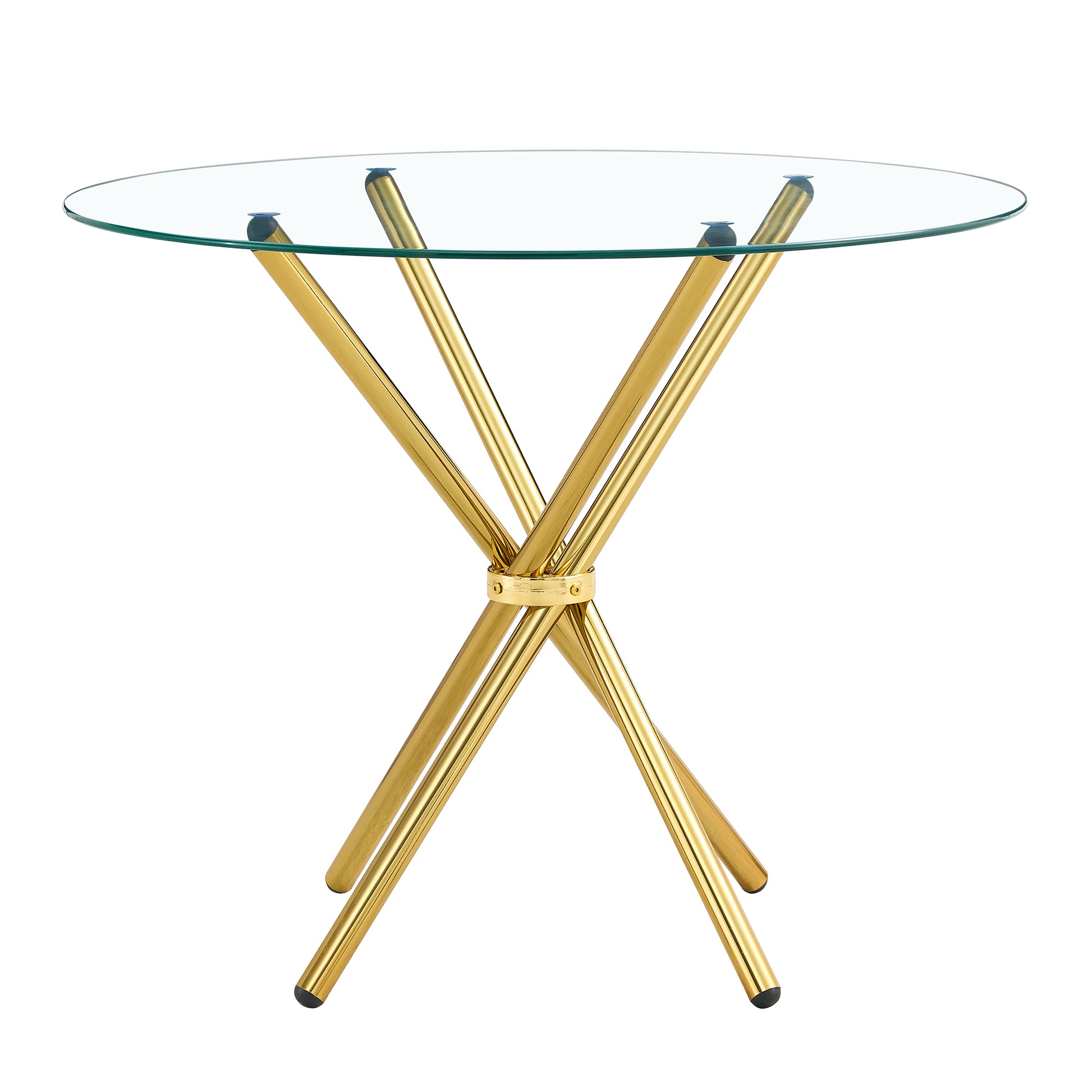 Round Clear Glass Dining Table With A Unique Shape For 4 6 People, With Ring Shaped Gathered Gold Metal Legs, Suitable For Desks, Kitchens, Terraces, Dining Rooms. Gold Glass Metal