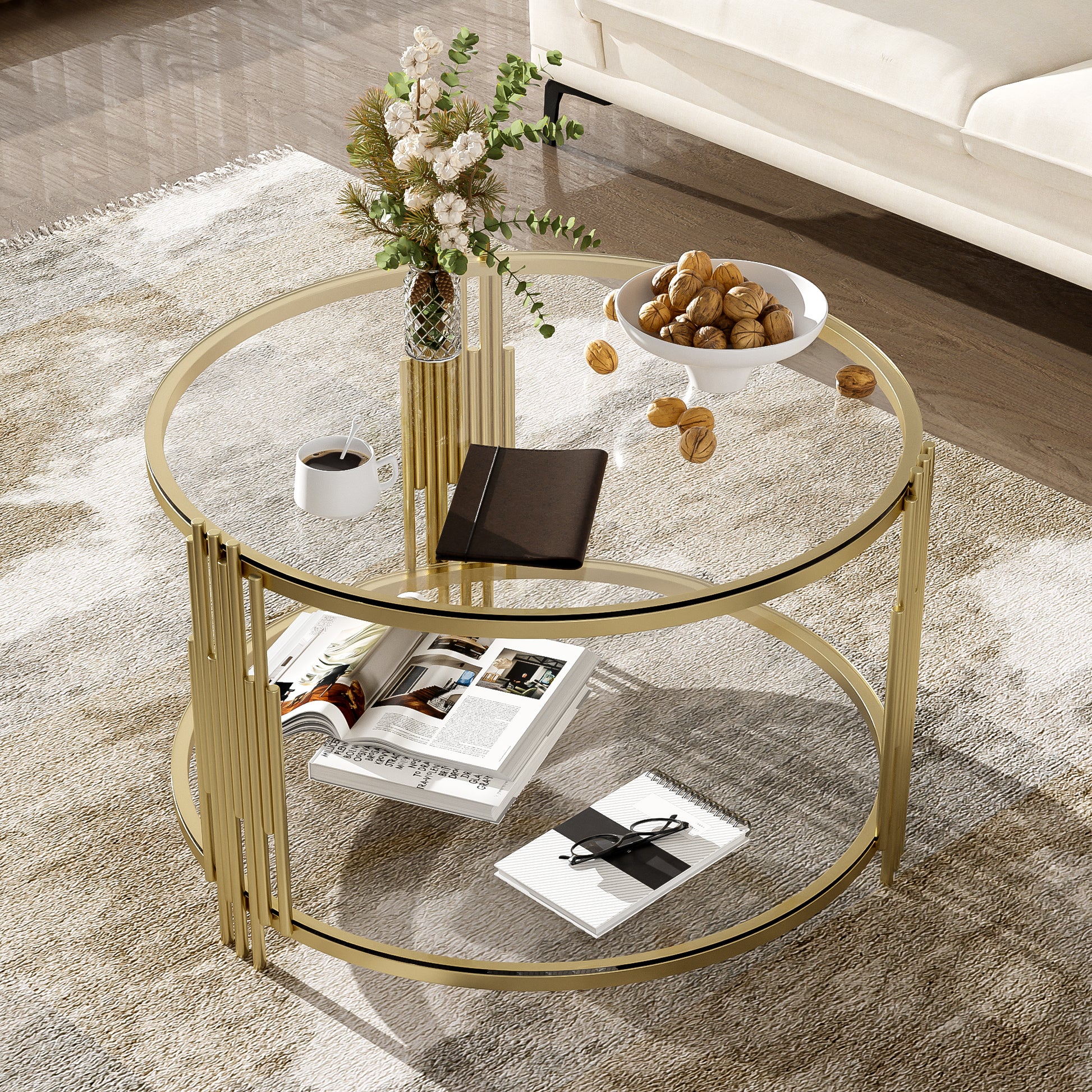 Modern Glass Coffee Table In 31.5", Asymmetrical Metal, Circular Metal Drum Base, Gold Finish & Lower Shelf Transparent Tempered Glass