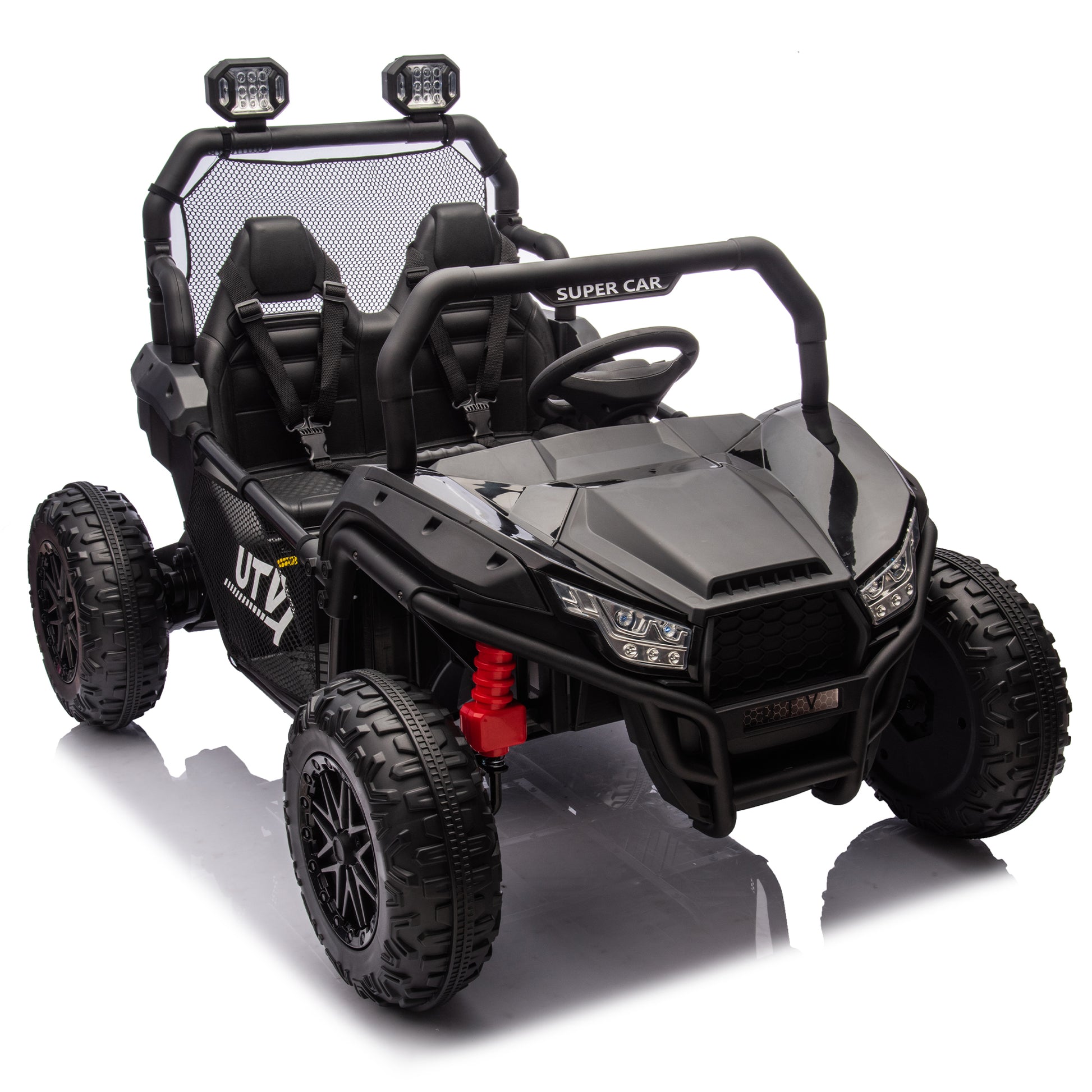 24V Two Seater Kids Ride On Utv W Parents Control,400W Super Power,Four Wheel Suspension,Led Light With Rear Searchlight,Bluetooth,Mp3,Music,Rear Storage Space,Speeds 3.73 4.97Mph For Kids Aged 3 . Black 50 99 Lbs Polypropylene