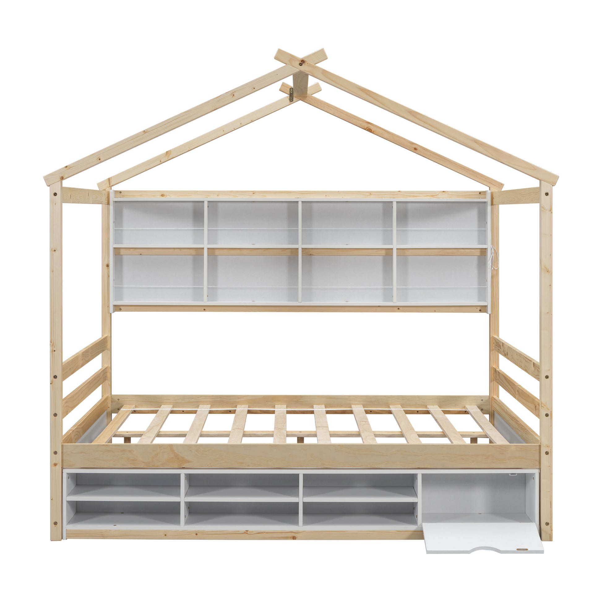 Full House Bed With Roof Frame, Bedside Shelves, Under Bed Storage Unit,Natural Full Natural American Design Pine