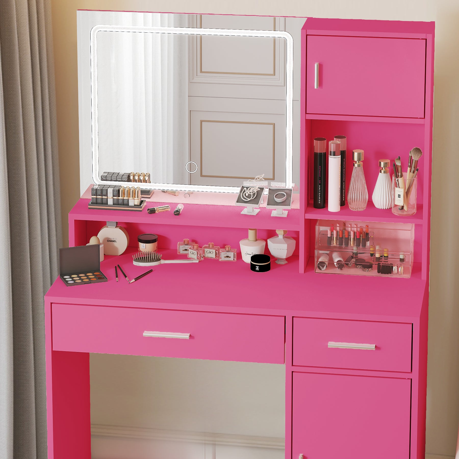 Vanity Desk With Mirror And Led Light Strip,Dressing Table With Large Drawer, 3 Level Storage Dresser & 3 Lighting Modes Adjustable Brightness, Suitable For Bedroom Rose Pink Rose Pink Particle Board